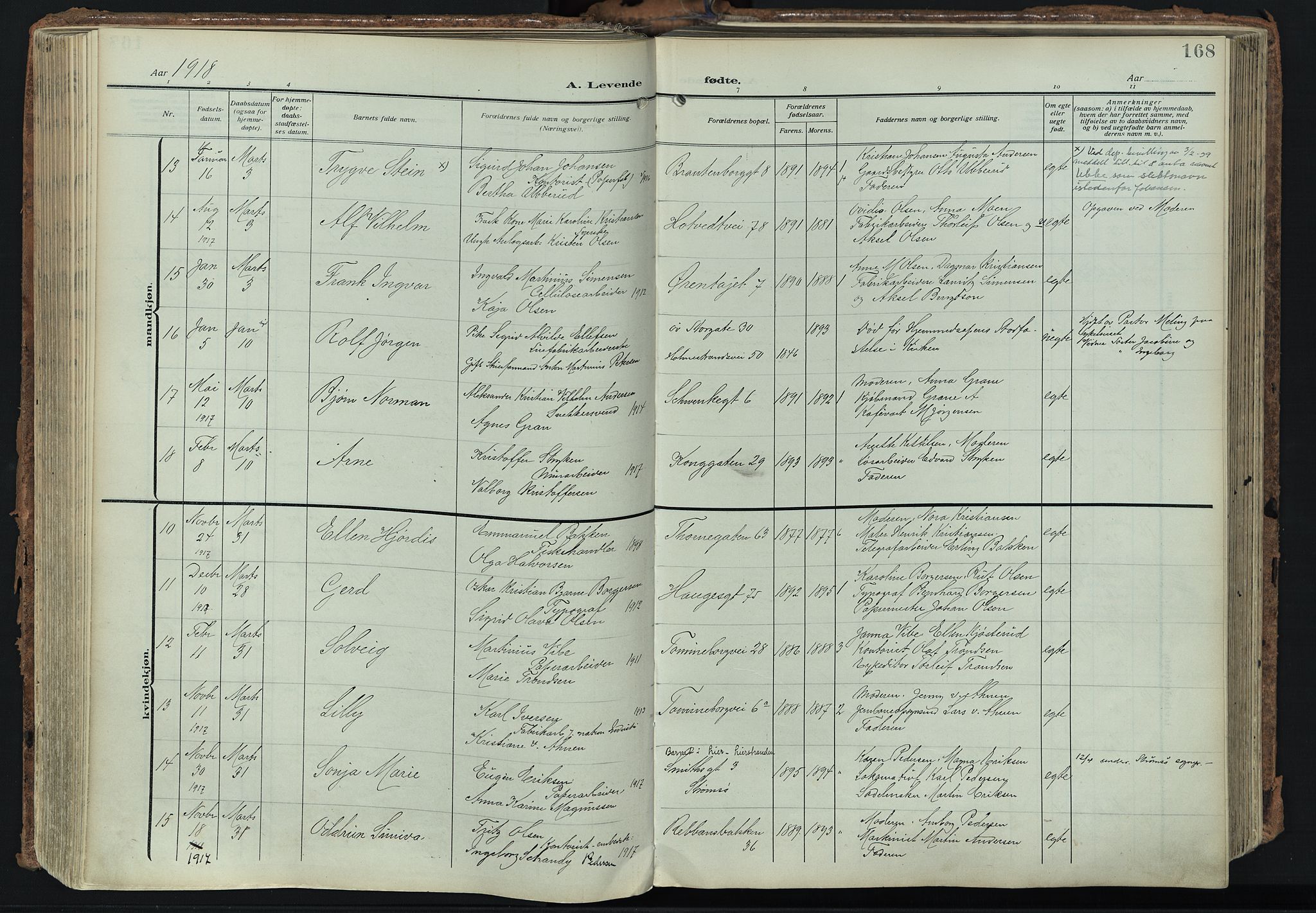 Bragernes kirkebøker, SAKO/A-6/F/Fb/L0010: Parish register (official) no. II 10, 1911-1922, p. 168