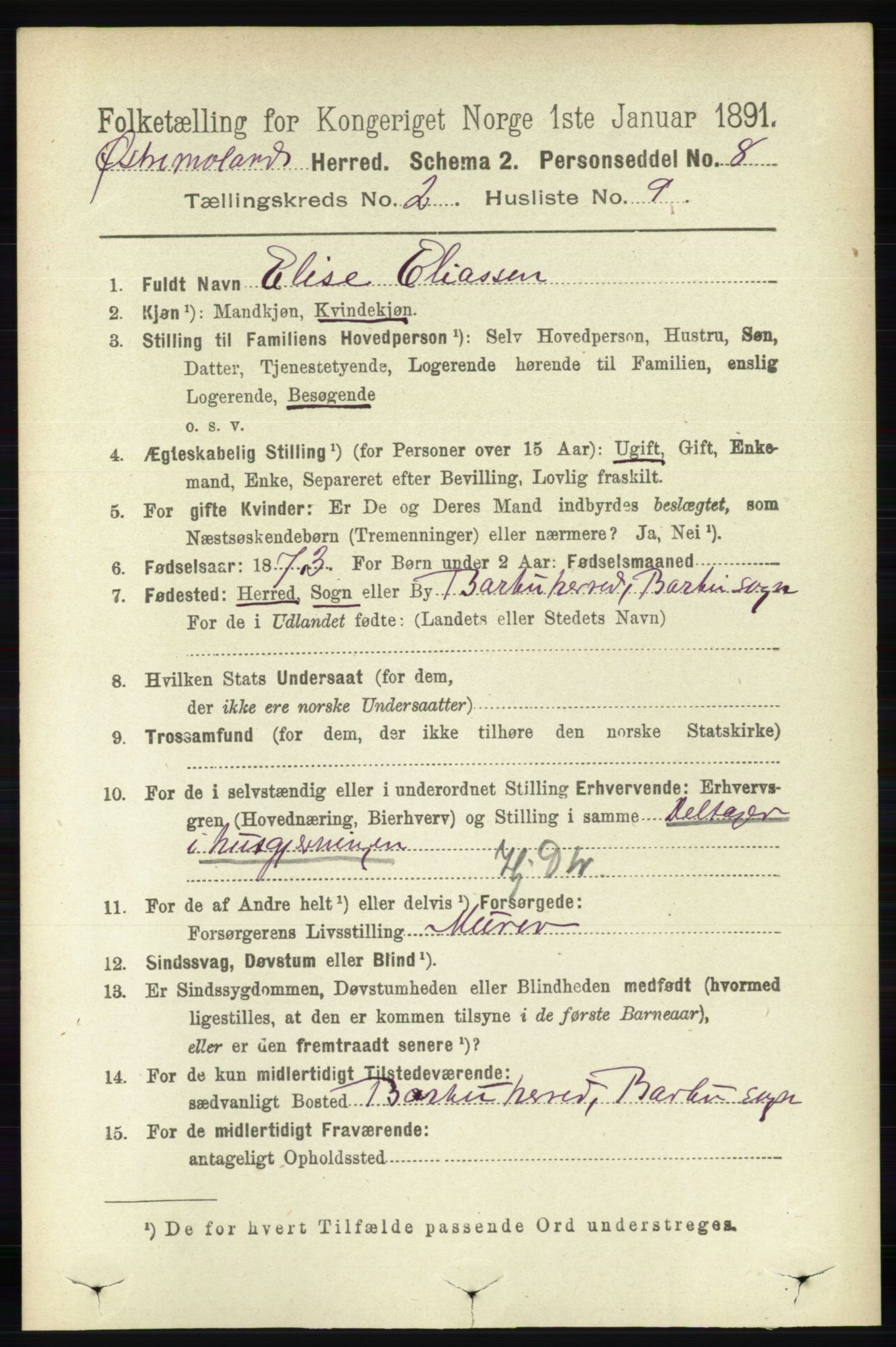 RA, 1891 census for 0918 Austre Moland, 1891, p. 745