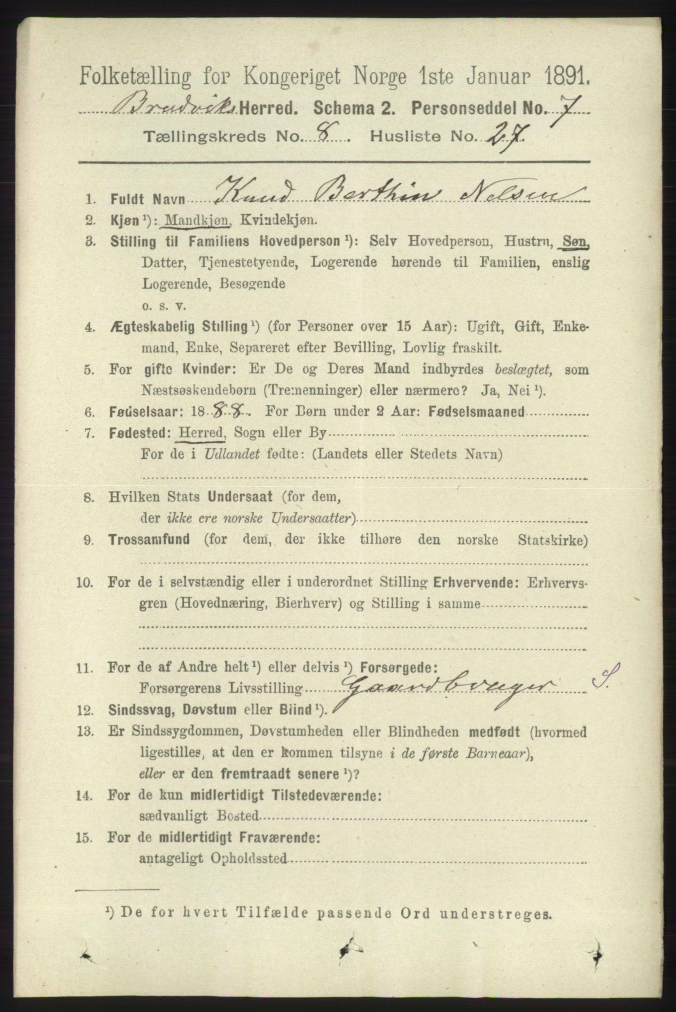 RA, 1891 census for 1251 Bruvik, 1891, p. 3206