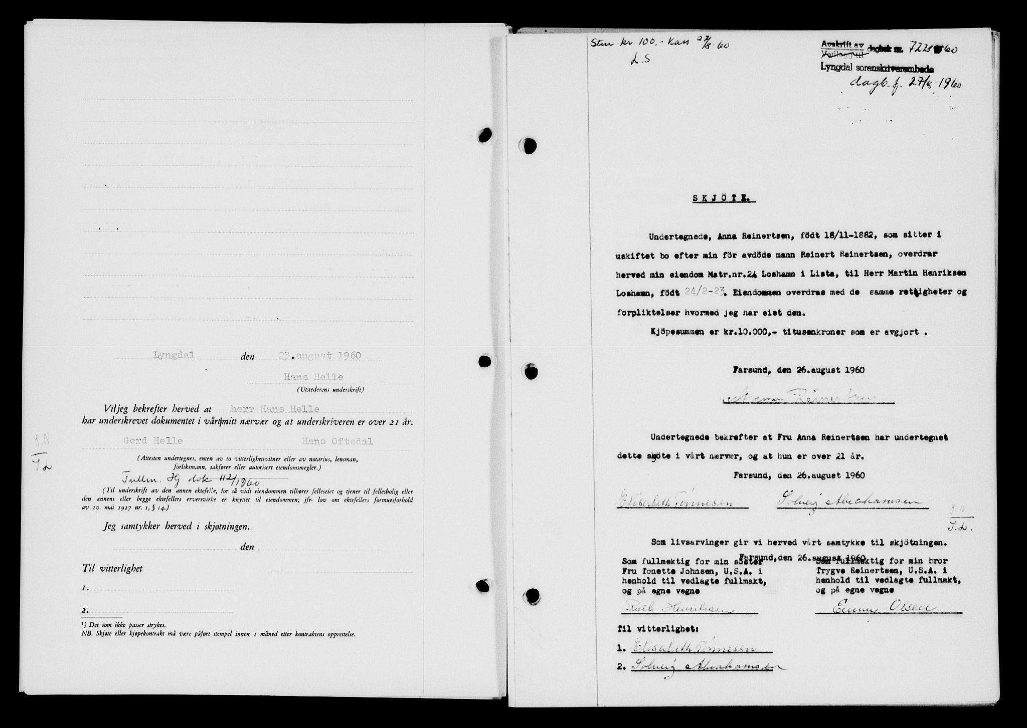 Lyngdal sorenskriveri, AV/SAK-1221-0004/G/Gb/L0680: Mortgage book no. A XXVI, 1960-1960, Diary no: : 722/1960