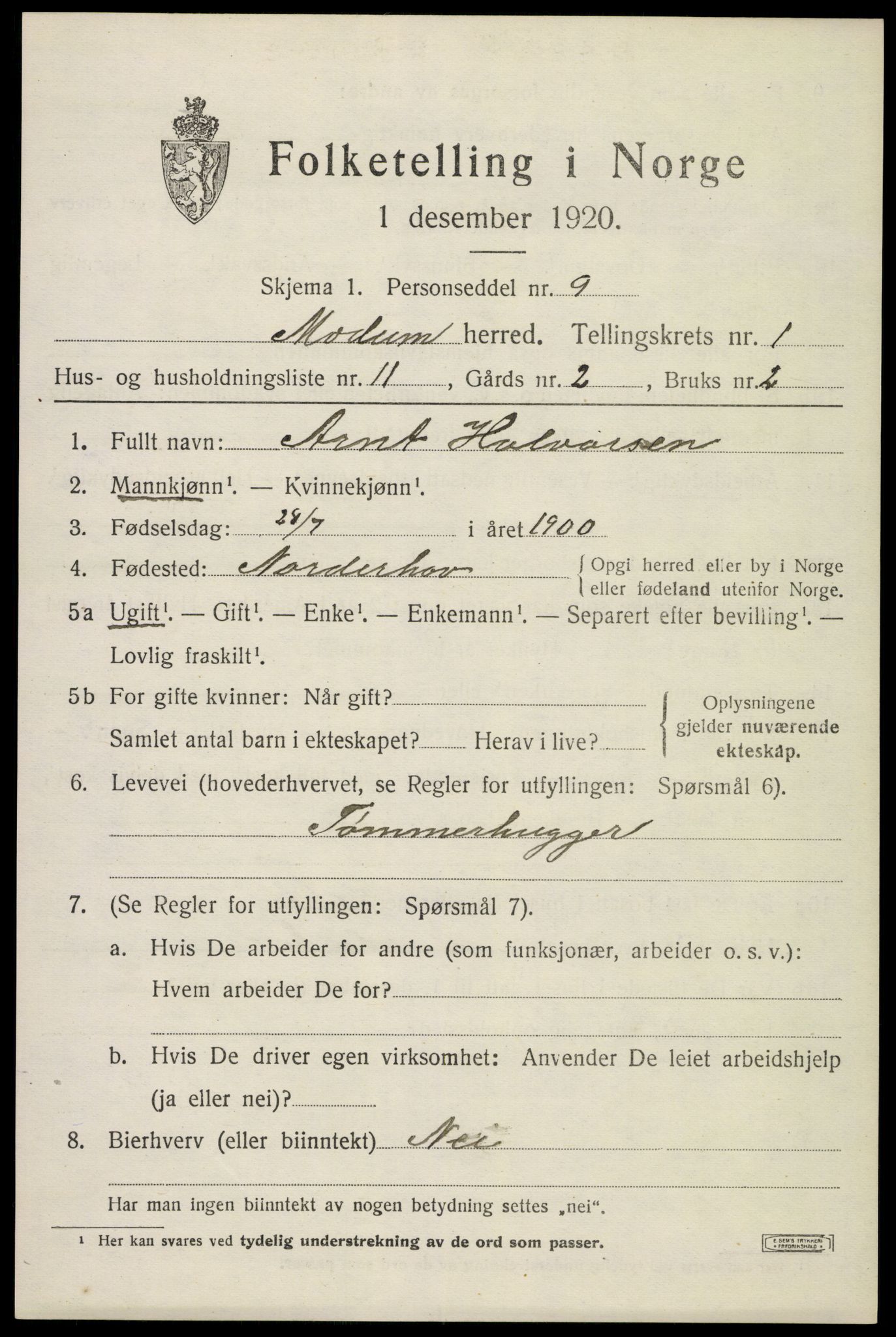 SAKO, 1920 census for Modum, 1920, p. 4213