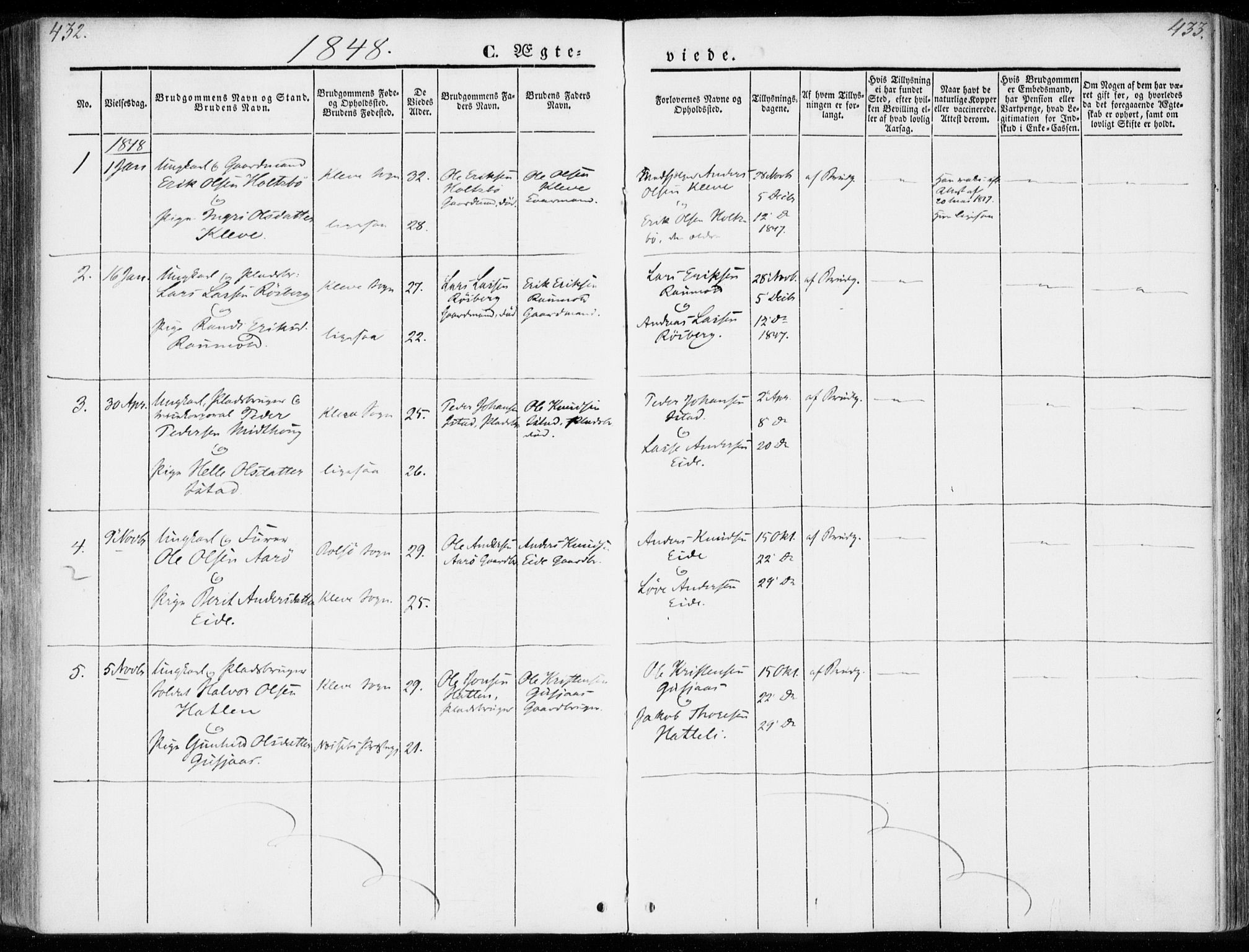 Ministerialprotokoller, klokkerbøker og fødselsregistre - Møre og Romsdal, SAT/A-1454/557/L0680: Parish register (official) no. 557A02, 1843-1869, p. 432-433