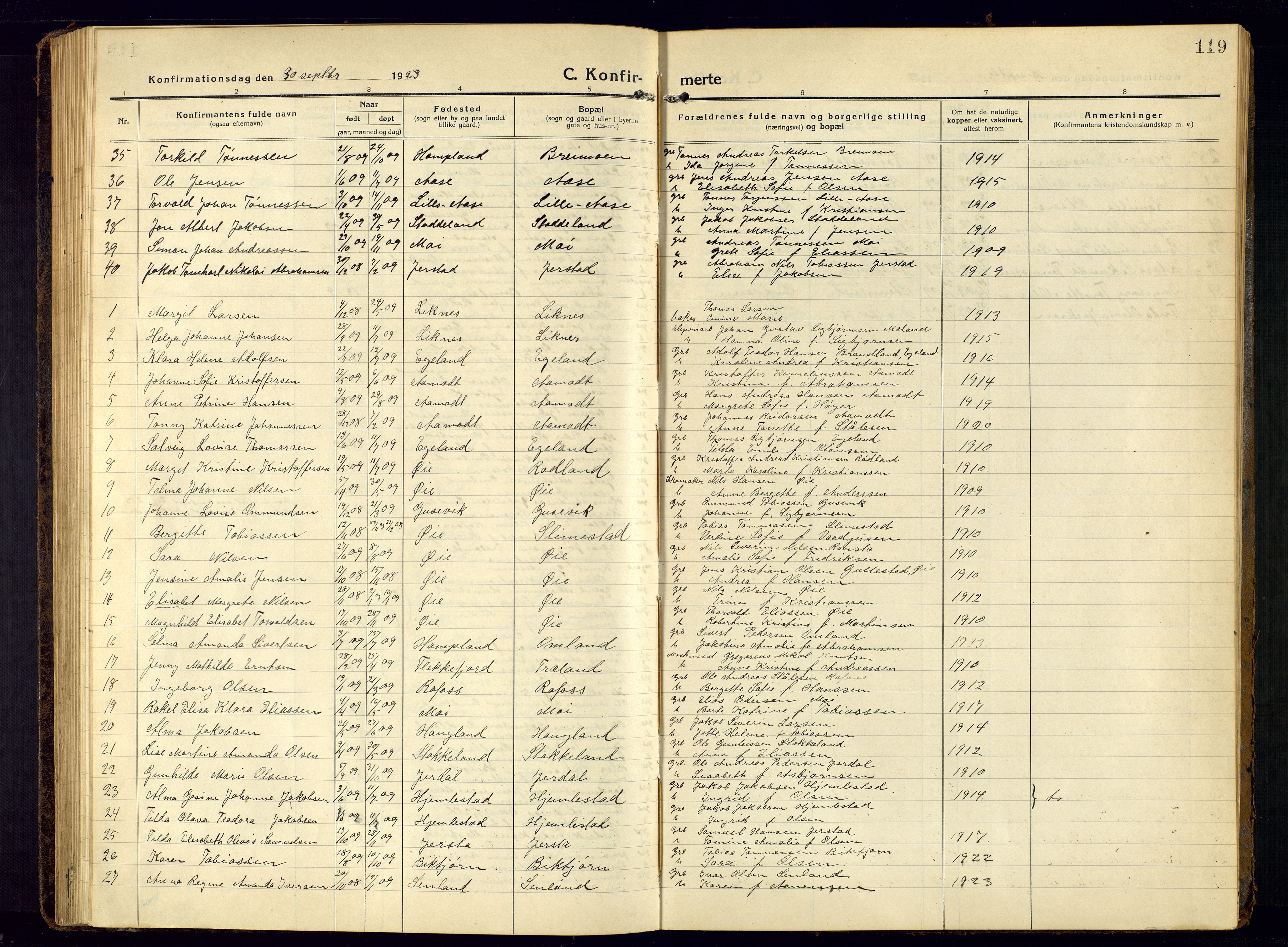 Kvinesdal sokneprestkontor, SAK/1111-0026/F/Fb/Fbb/L0004: Parish register (copy) no. B 4, 1917-1938, p. 119