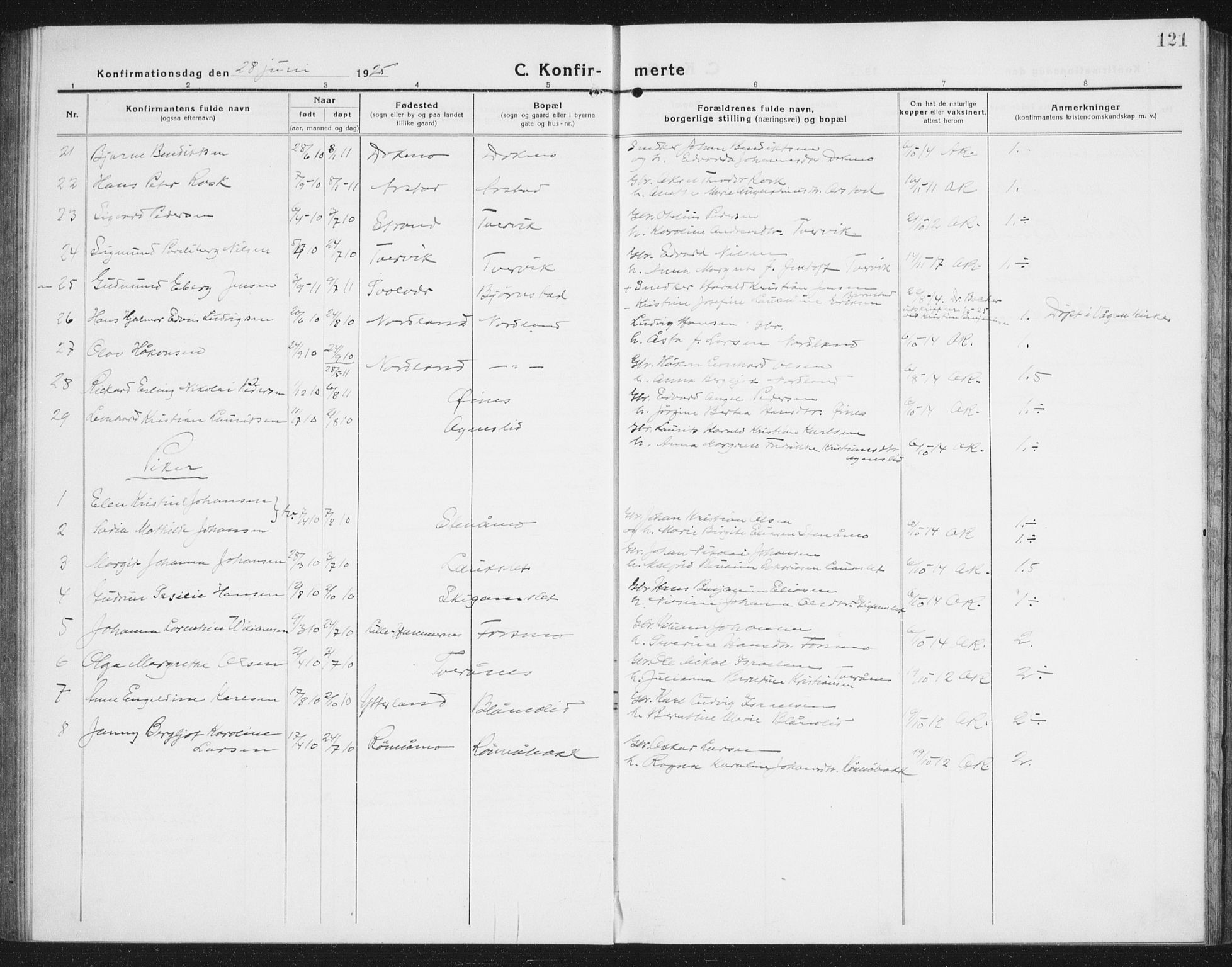 Ministerialprotokoller, klokkerbøker og fødselsregistre - Nordland, AV/SAT-A-1459/846/L0656: Parish register (copy) no. 846C06, 1917-1936, p. 121