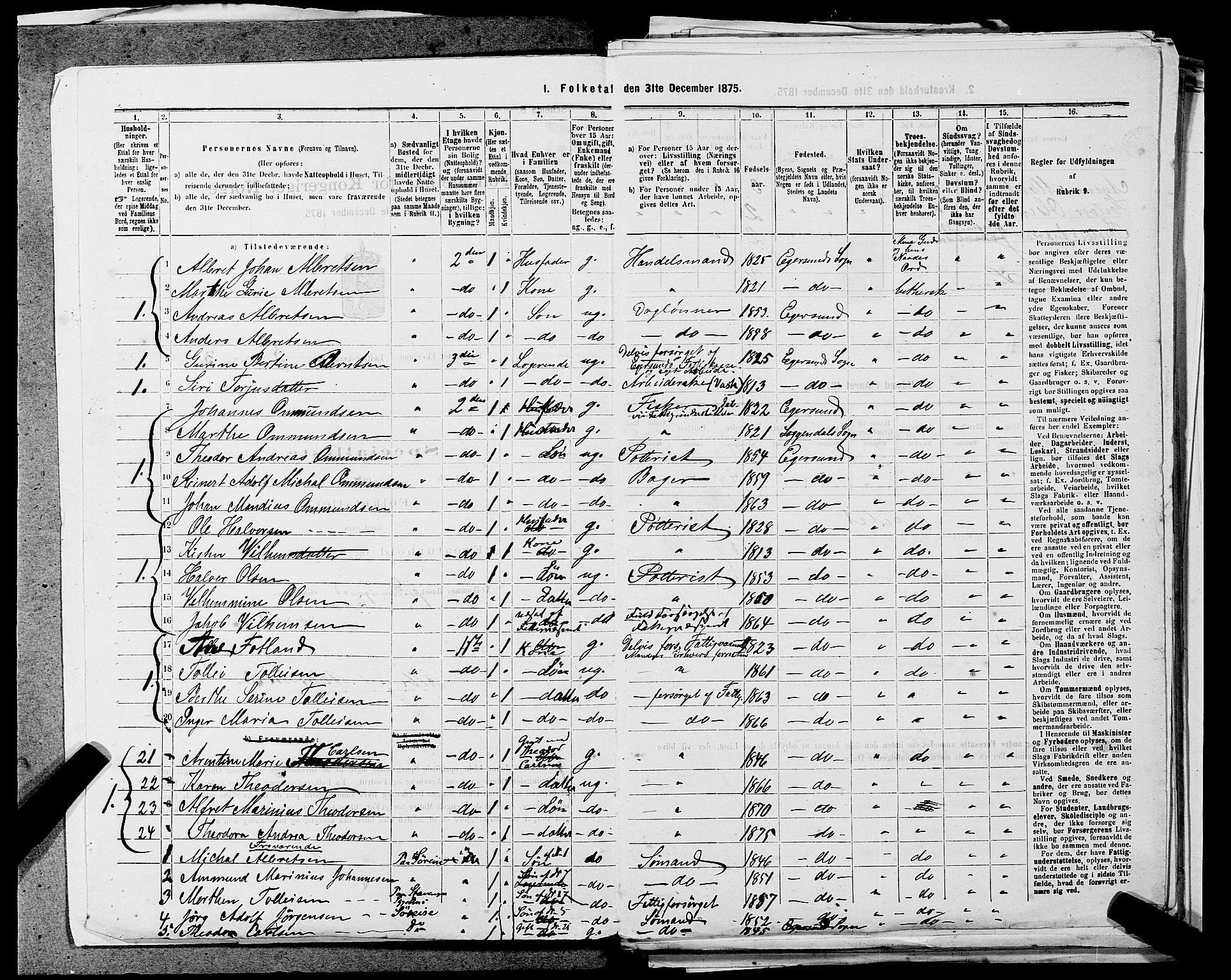 SAST, 1875 census for 1101B Eigersund parish, Egersund town, 1875, p. 437