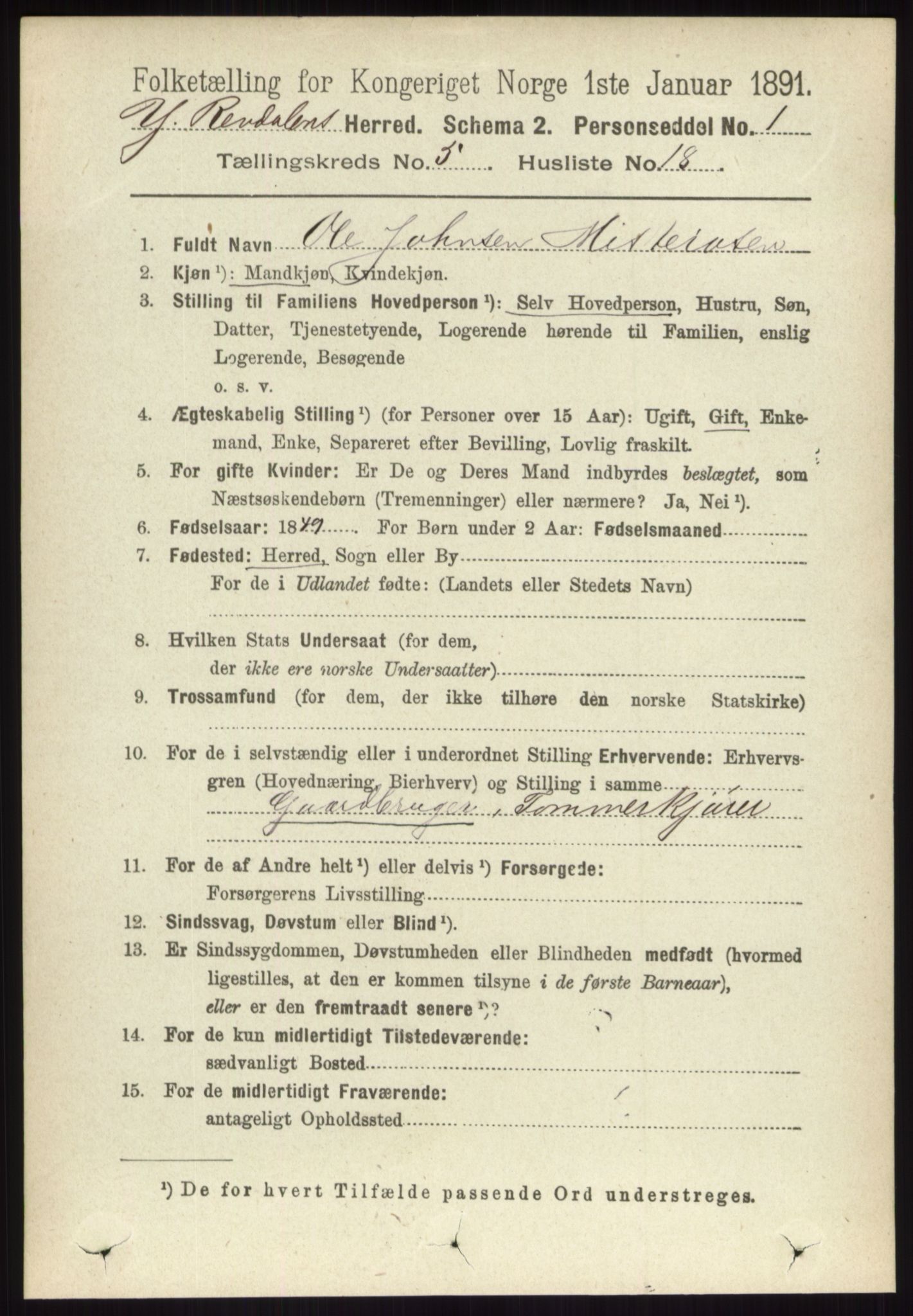 RA, 1891 census for 0432 Ytre Rendal, 1891, p. 1362