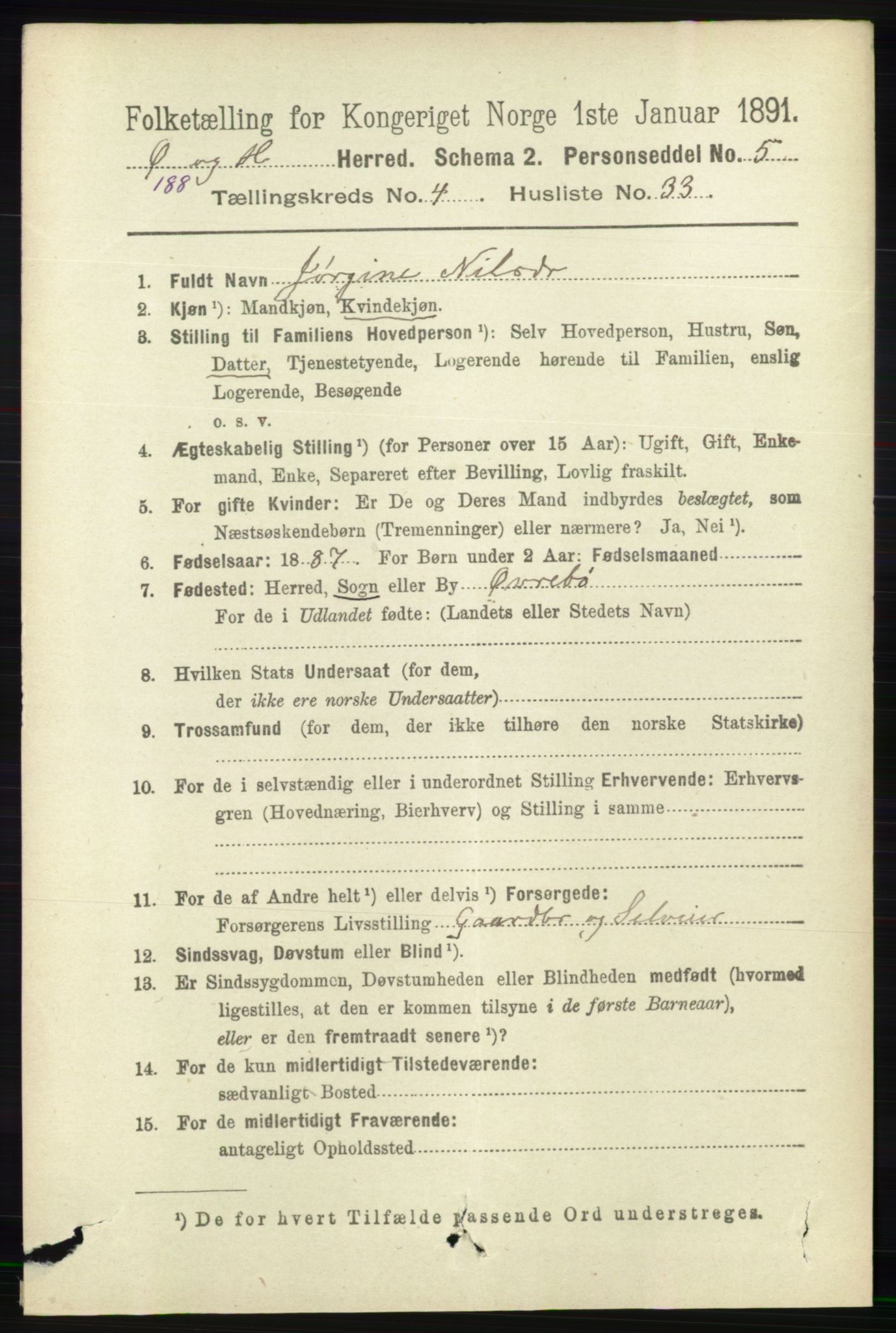 RA, 1891 census for 1016 Øvrebø og Hægeland, 1891, p. 899