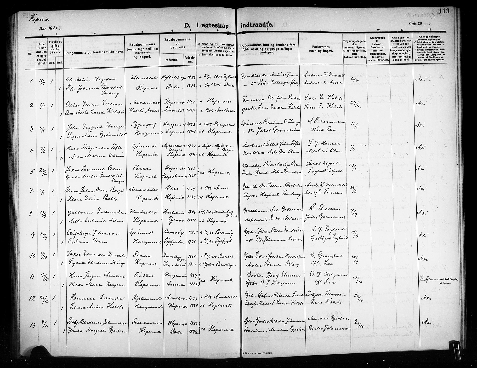 Kopervik sokneprestkontor, AV/SAST-A-101850/H/Ha/Hab/L0005: Parish register (copy) no. B 5, 1909-1918, p. 113