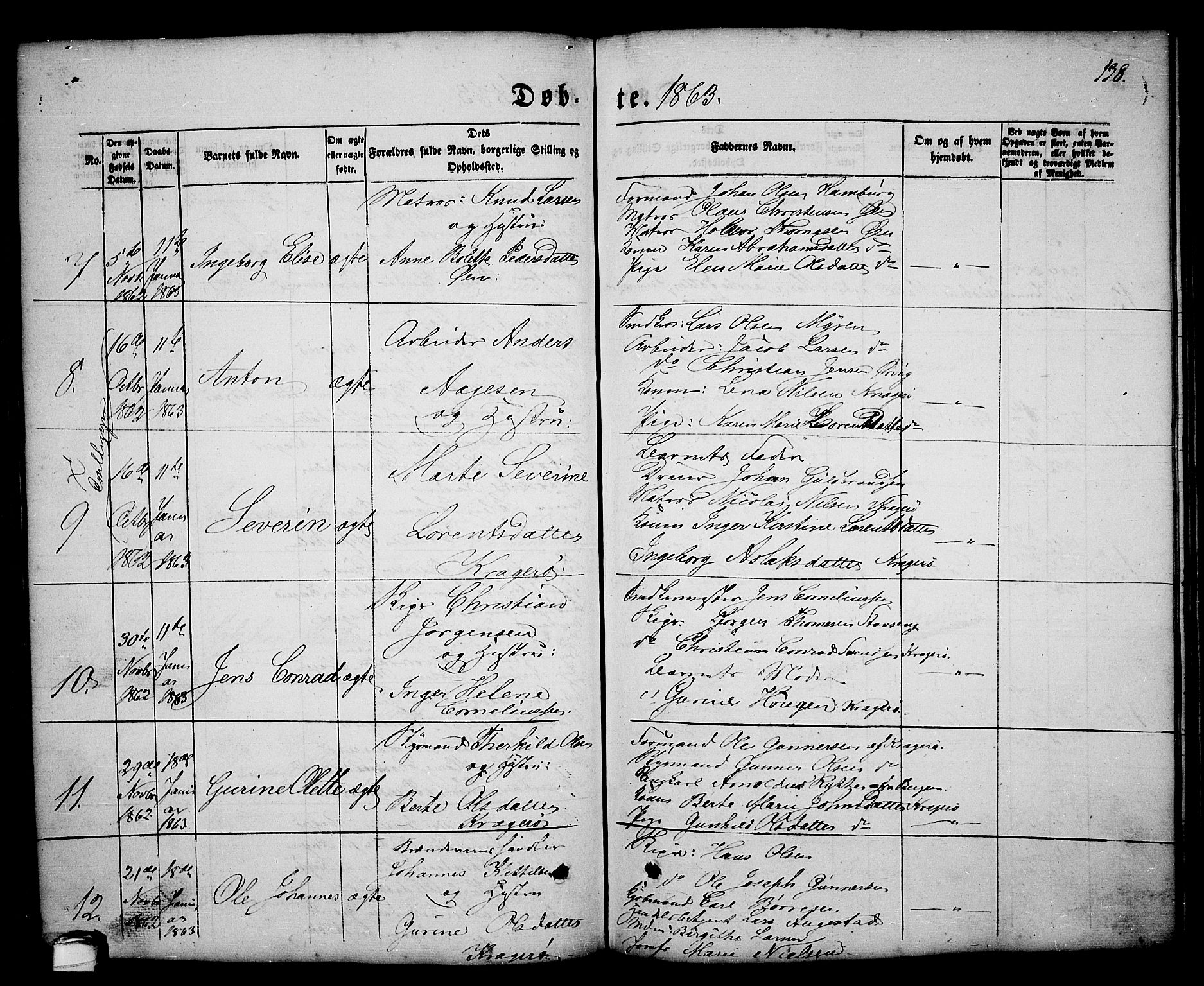 Kragerø kirkebøker, SAKO/A-278/G/Ga/L0004: Parish register (copy) no. 4, 1853-1865, p. 138