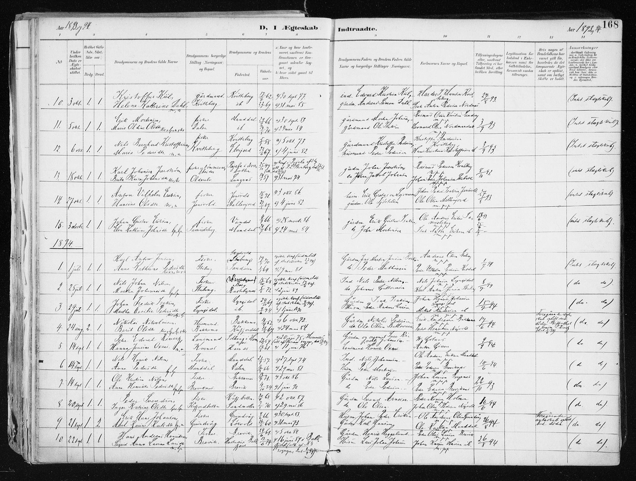 Lyngen sokneprestembete, SATØ/S-1289/H/He/Hea/L0008kirke: Parish register (official) no. 8, 1891-1902, p. 168