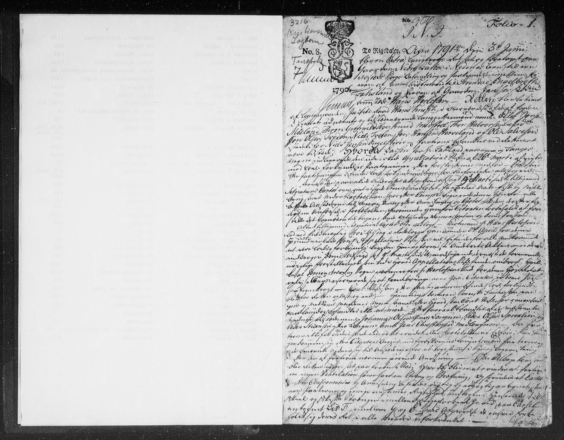 Kristiansand lagdømme, AV/SAK-1232-0001/F/Fb/L0008: Tingbok med register, 1791-1797, p. 0b-1a