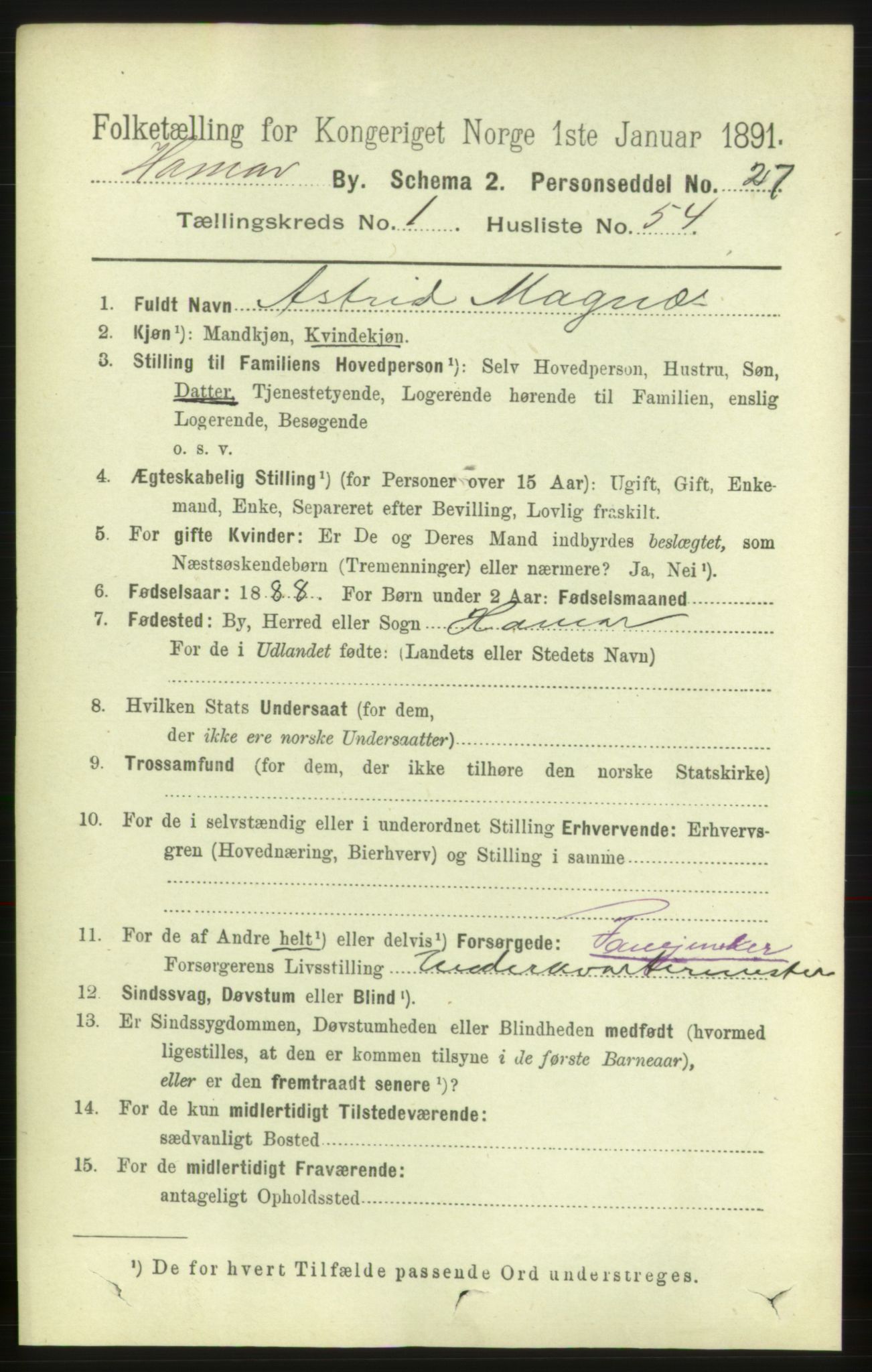 RA, 1891 census for 0401 Hamar, 1891, p. 961