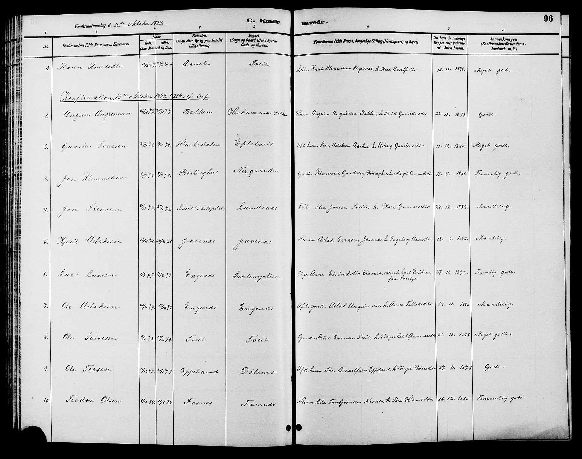 Åmli sokneprestkontor, SAK/1111-0050/F/Fb/Fbc/L0004: Parish register (copy) no. B 4, 1889-1902, p. 96