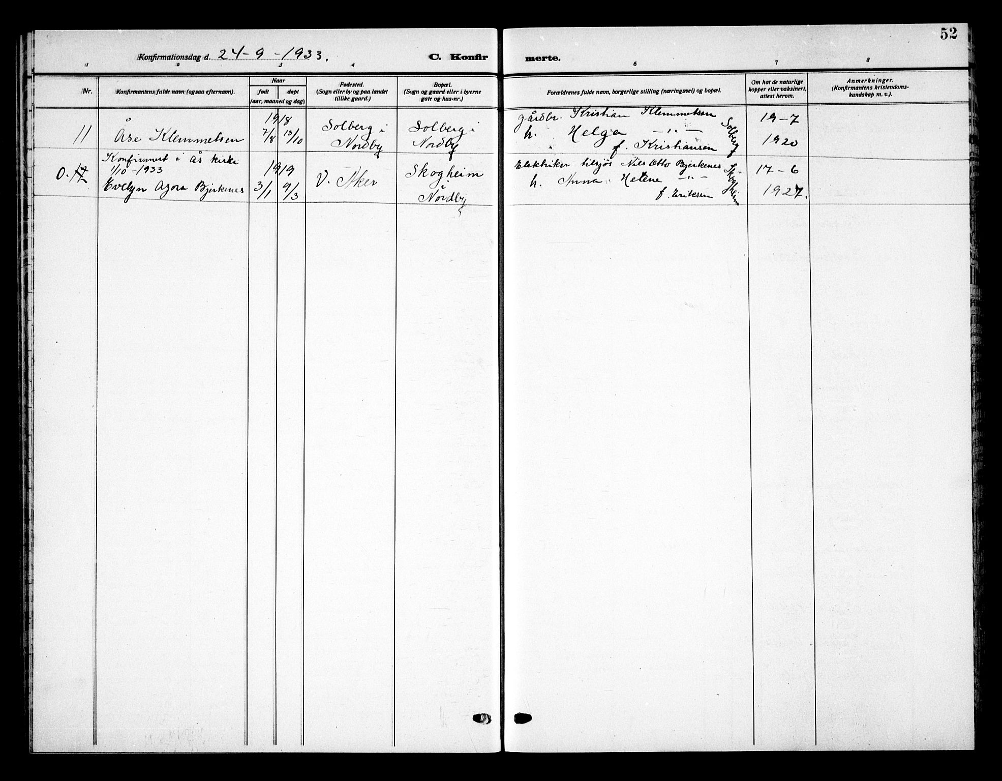 Ås prestekontor Kirkebøker, AV/SAO-A-10894/G/Gb/L0002: Parish register (copy) no. II 2, 1921-1936, p. 52