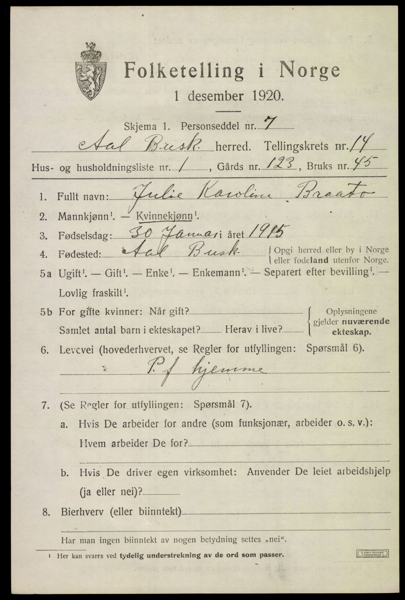 SAKO, 1920 census for Ål, 1920, p. 8078