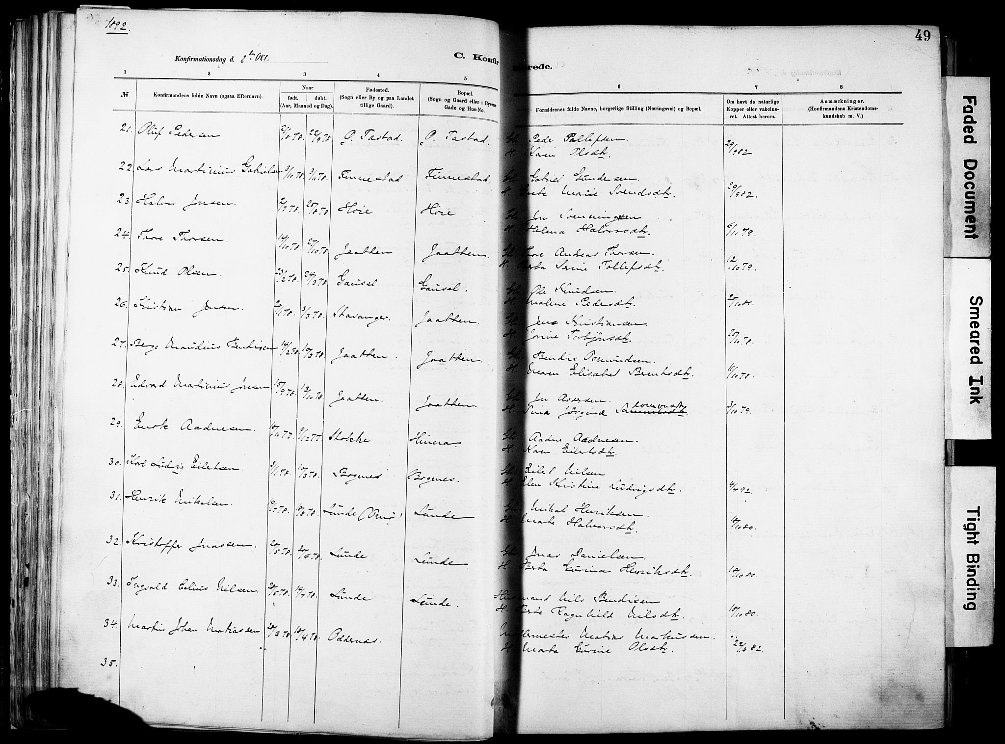 Hetland sokneprestkontor, SAST/A-101826/30/30BA/L0012: Parish register (official) no. A 12, 1882-1912, p. 49