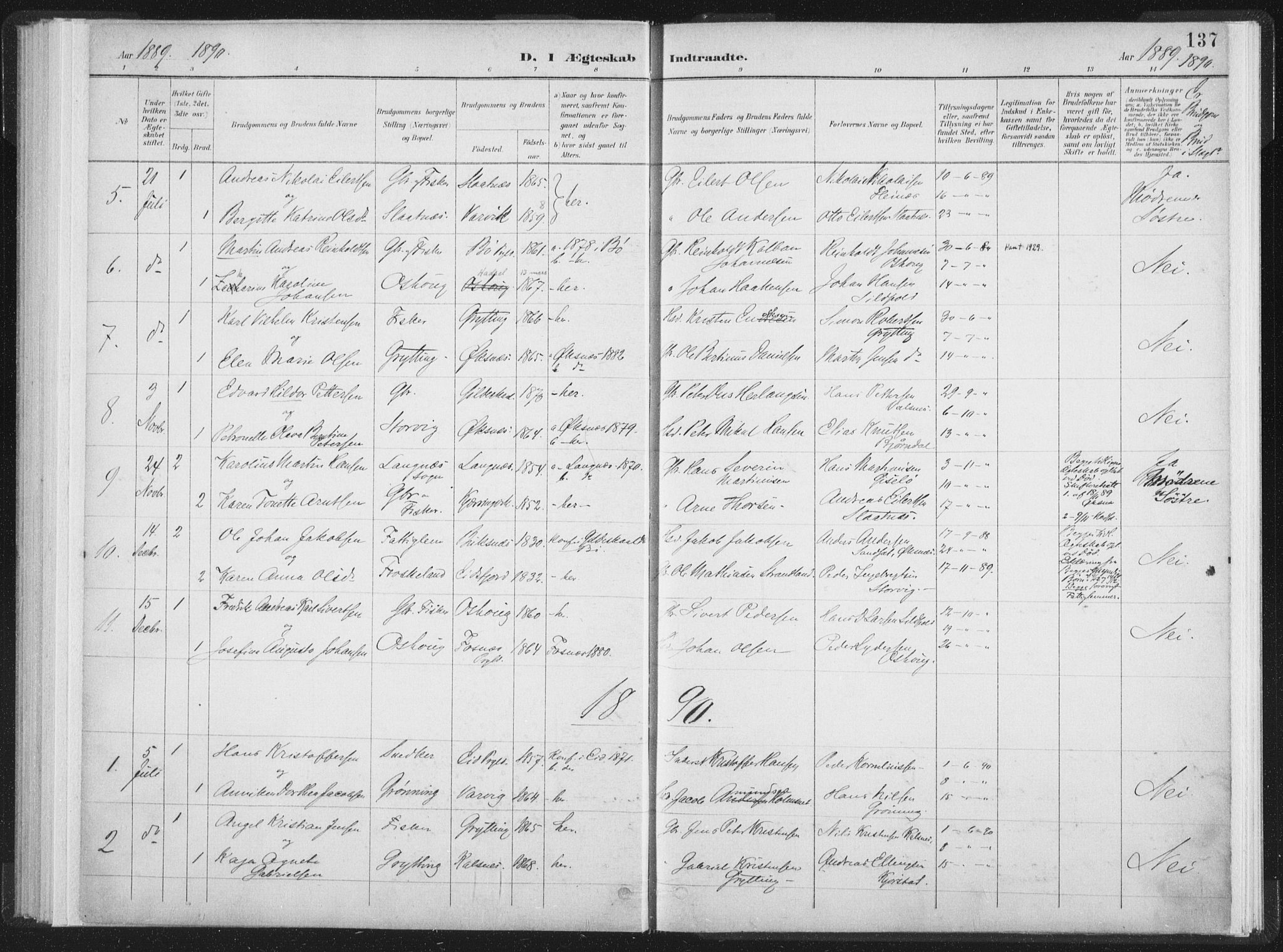 Ministerialprotokoller, klokkerbøker og fødselsregistre - Nordland, SAT/A-1459/890/L1286: Parish register (official) no. 890A01, 1882-1902, p. 137