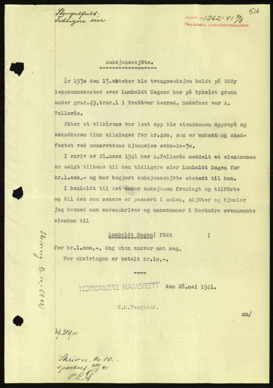 Nordmøre sorenskriveri, SAT/A-4132/1/2/2Ca: Mortgage book no. A90, 1941-1941, Diary no: : 1362/1941