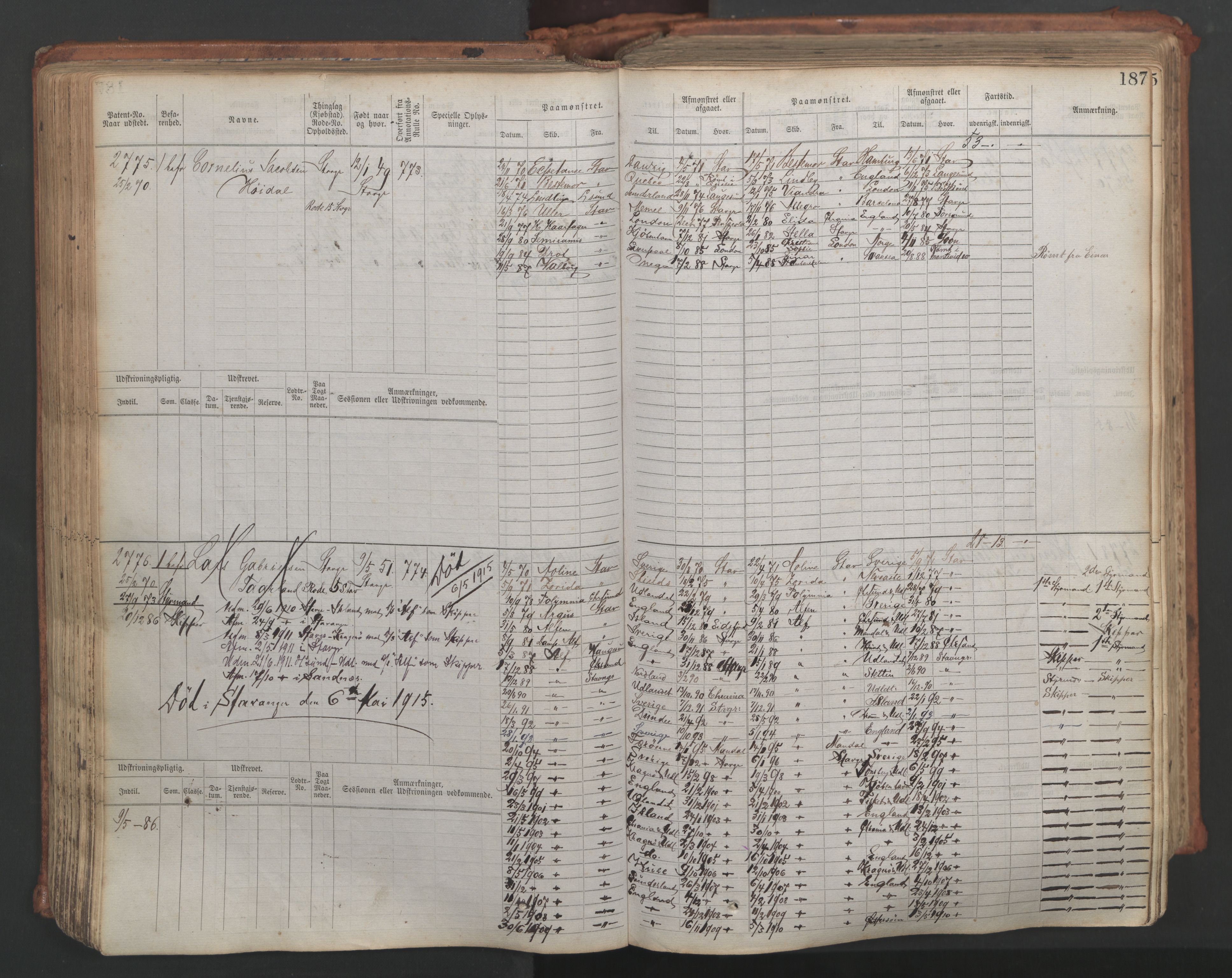 Stavanger sjømannskontor, AV/SAST-A-102006/F/Fb/Fbb/L0007: Sjøfartshovedrulle, patentnr. 2403-3604, 1869-1880, p. 215