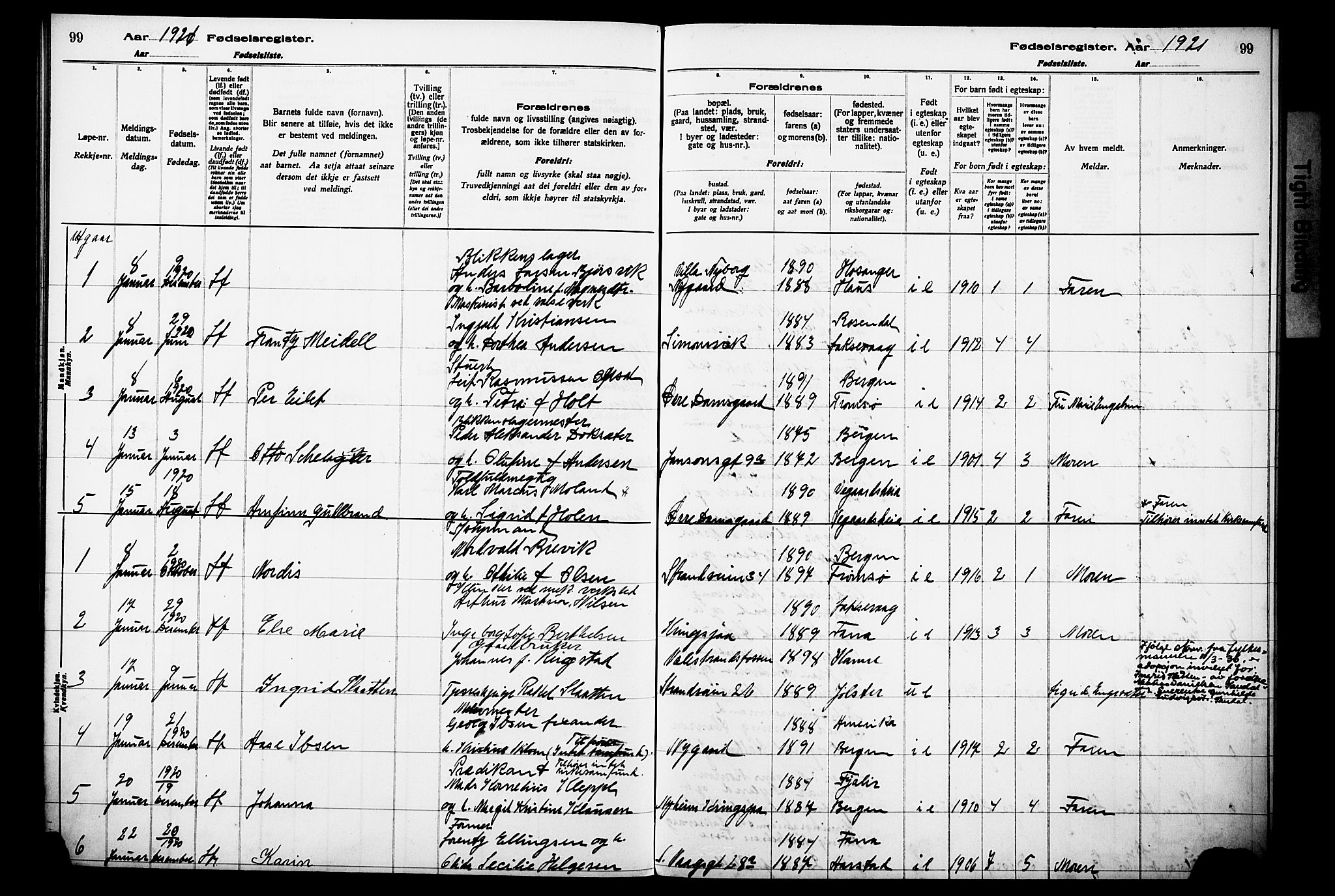 Laksevåg Sokneprestembete, SAB/A-76501/I/Id/L00A1: Birth register no. A 1, 1916-1926, p. 99