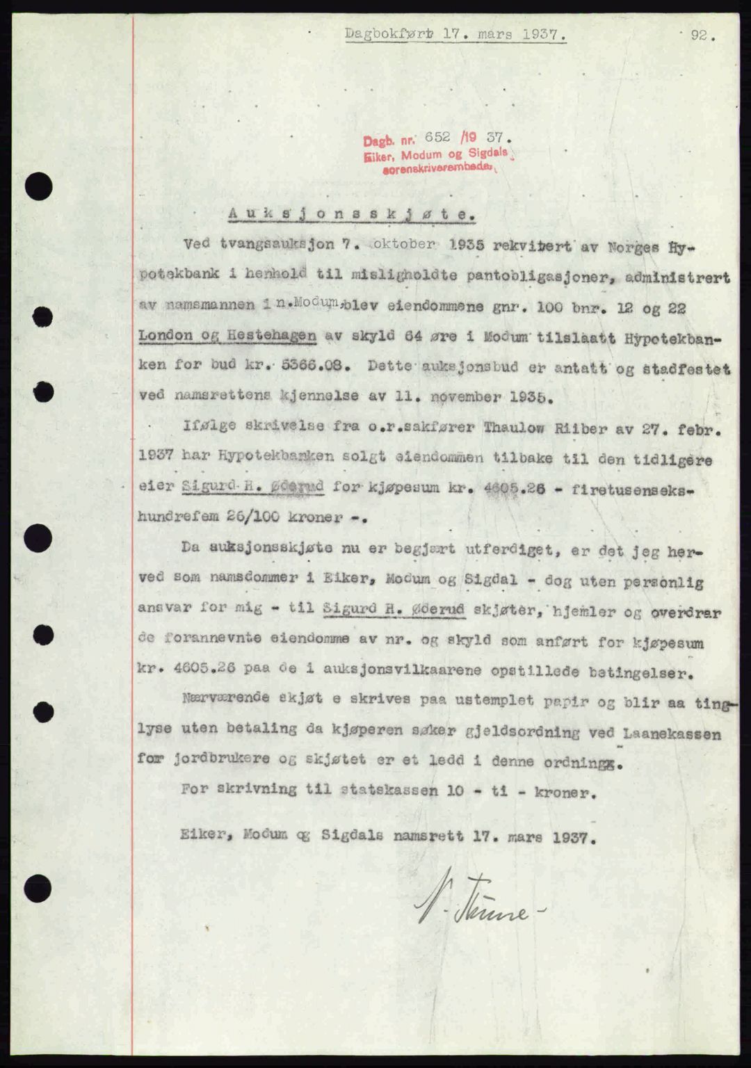 Eiker, Modum og Sigdal sorenskriveri, SAKO/A-123/G/Ga/Gab/L0035: Mortgage book no. A5, 1937-1937, Diary no: : 652/1937