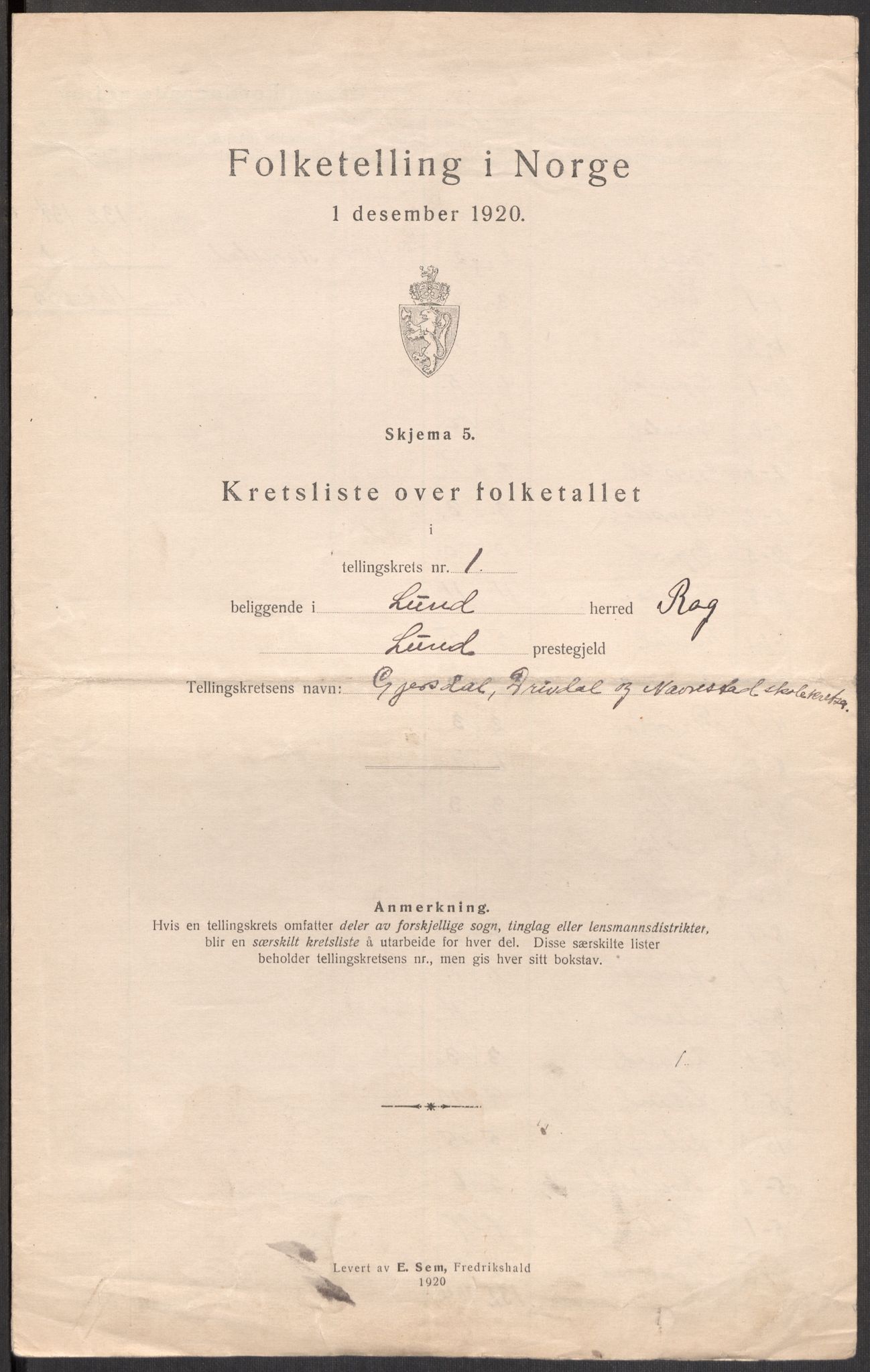 SAST, 1920 census for Lund, 1920, p. 15