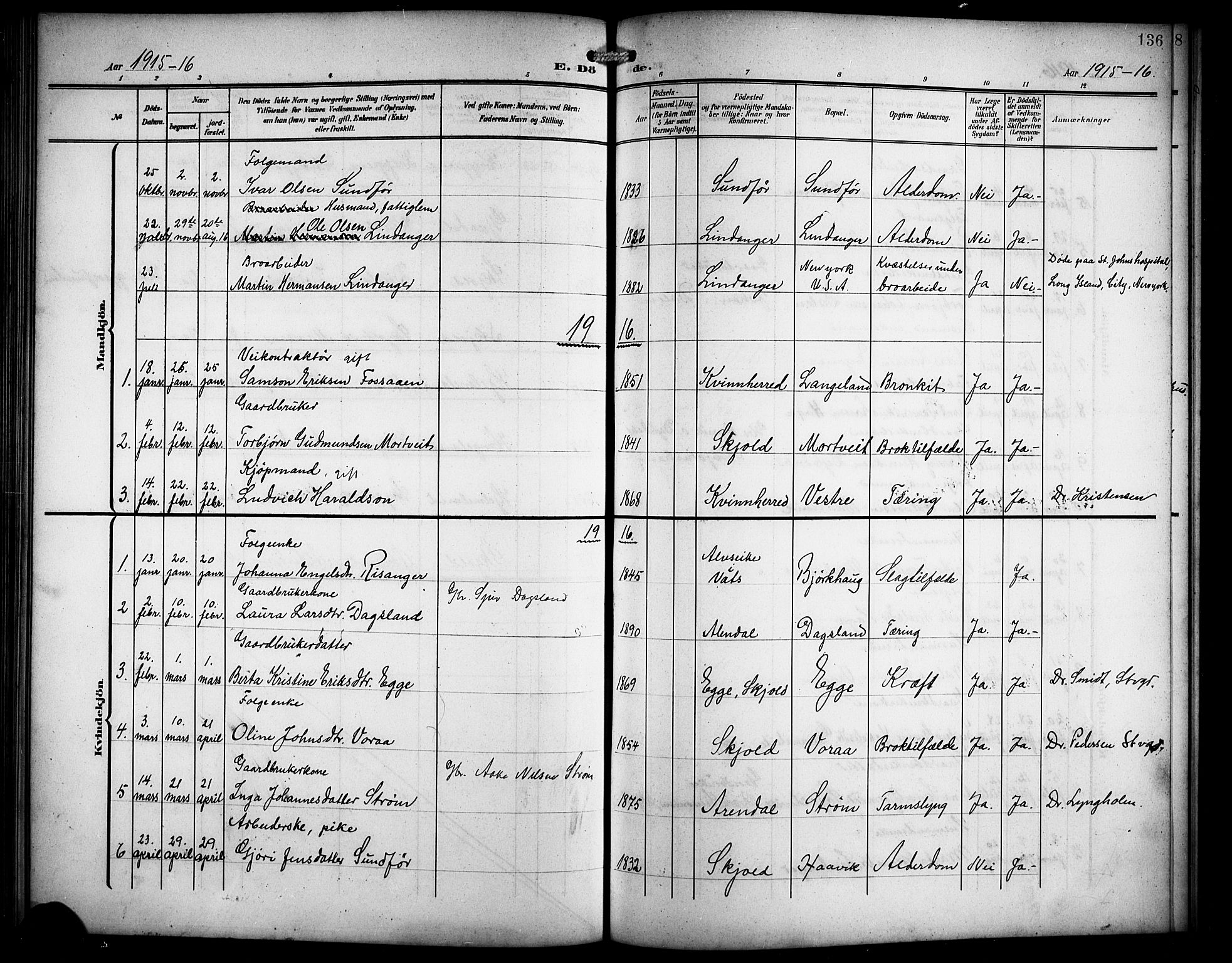 Skjold sokneprestkontor, SAST/A-101847/H/Ha/Hab/L0008: Parish register (copy) no. B 8, 1906-1920, p. 136