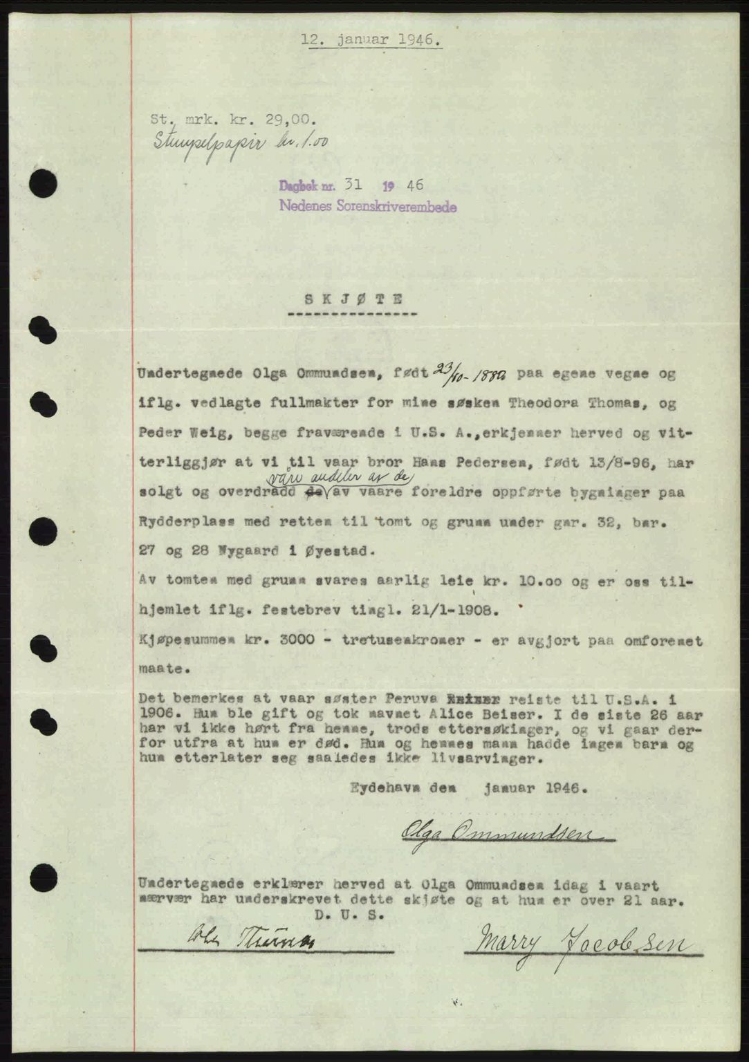 Nedenes sorenskriveri, SAK/1221-0006/G/Gb/Gba/L0054: Mortgage book no. A6c, 1946-1946, Diary no: : 31/1946