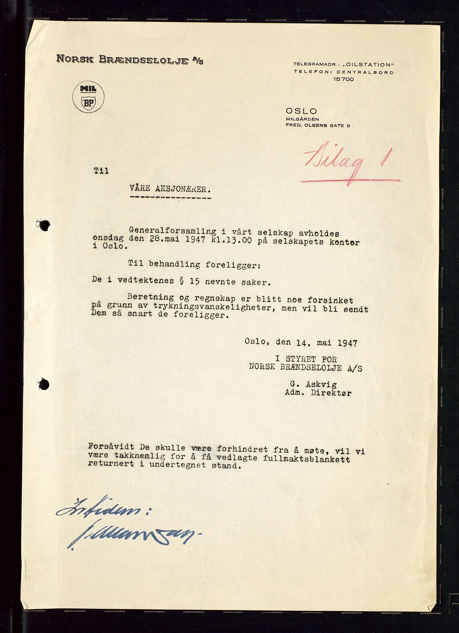 PA 1544 - Norsk Brændselolje A/S, AV/SAST-A-101965/1/A/Aa/L0004/0003: Generalforsamling / Ekstraordinær generalforsamling 1947. Generalforsamling 1947, 1947, p. 3