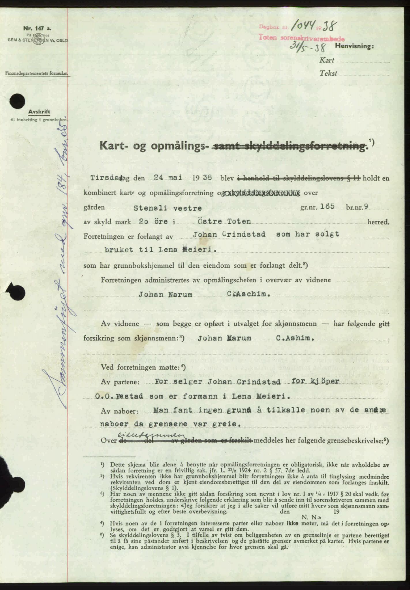 Toten tingrett, SAH/TING-006/H/Hb/Hbc/L0004: Mortgage book no. Hbc-04, 1938-1938, Diary no: : 1044/1938