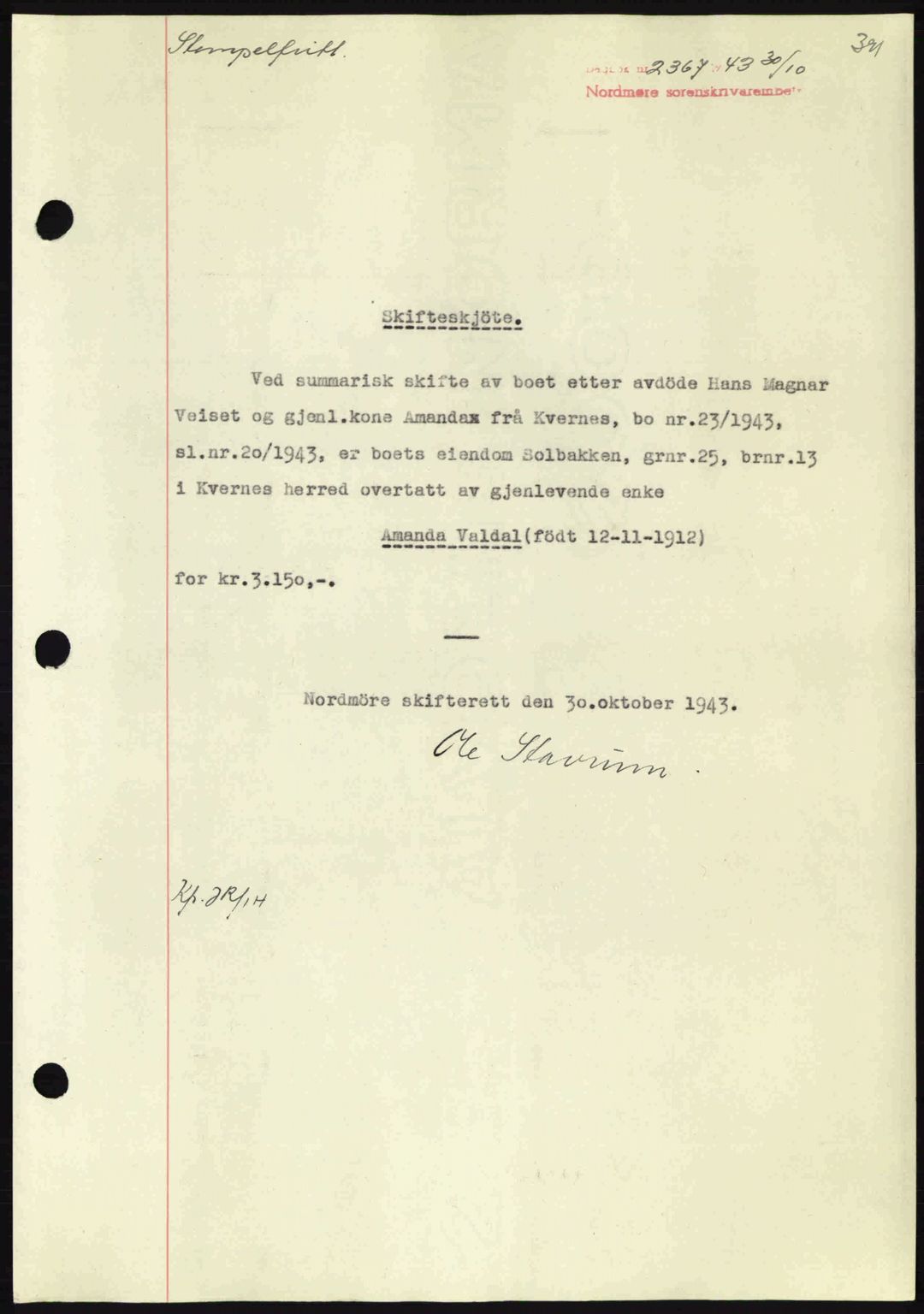 Nordmøre sorenskriveri, SAT/A-4132/1/2/2Ca: Mortgage book no. A96, 1943-1944, Diary no: : 2367/1943