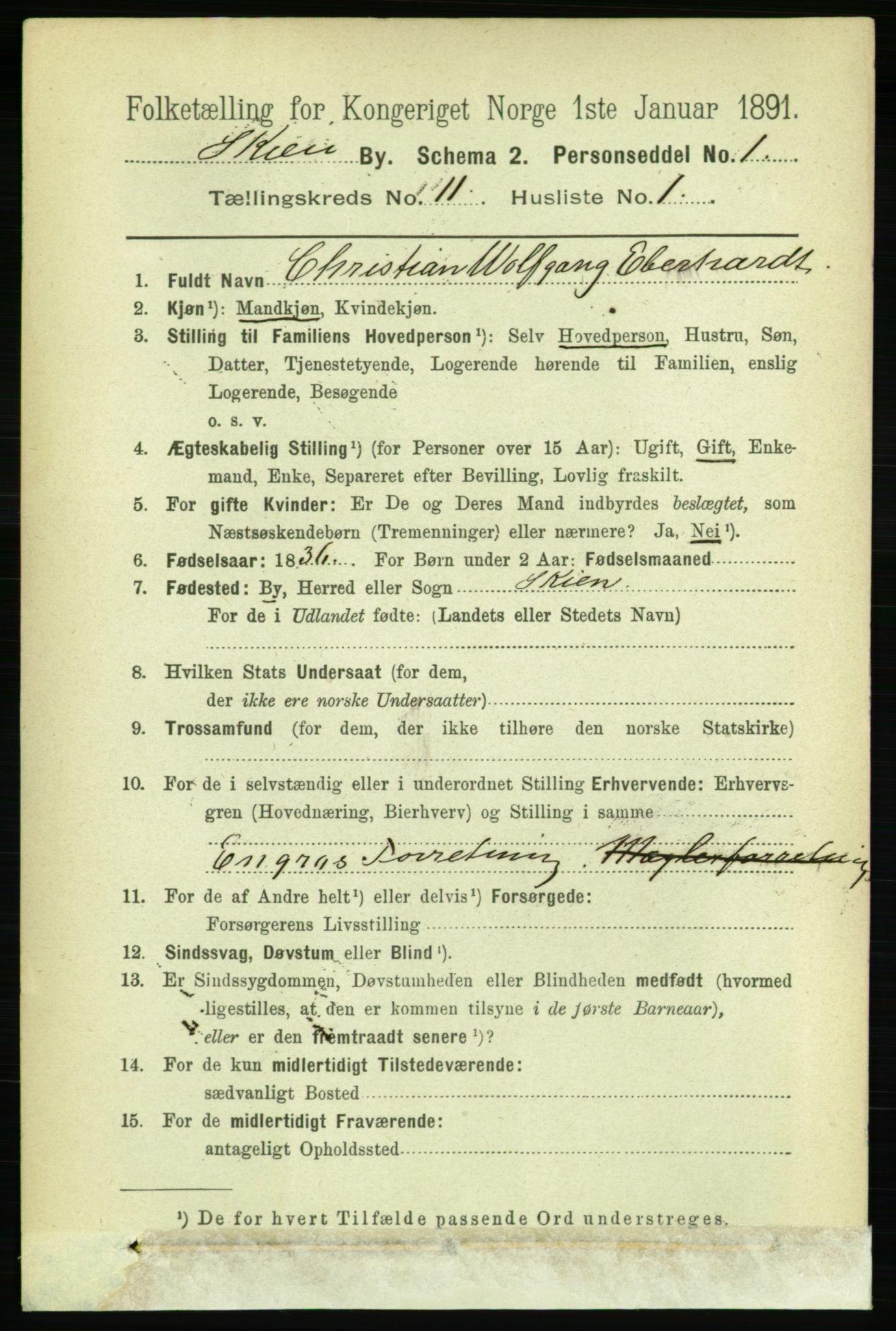 RA, 1891 census for 0806 Skien, 1891, p. 3854