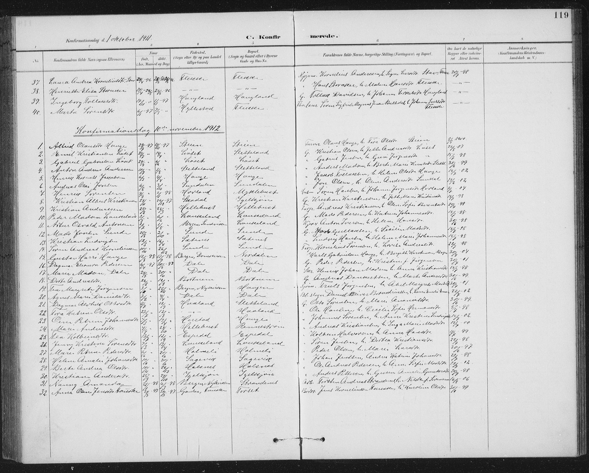 Fjaler sokneprestembete, SAB/A-79801/H/Hab/Habc/L0003: Parish register (copy) no. C 3, 1894-1917, p. 119