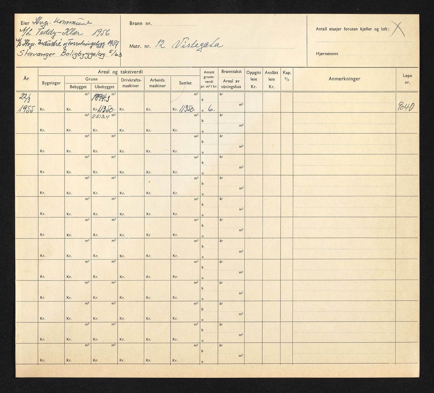 Stavanger kommune. Skattetakstvesenet, BYST/A-0440/F/Fa/Faa/L0045/0007: Skattetakstkort / Vistegata 12 - Våland - Vålandsgata 15