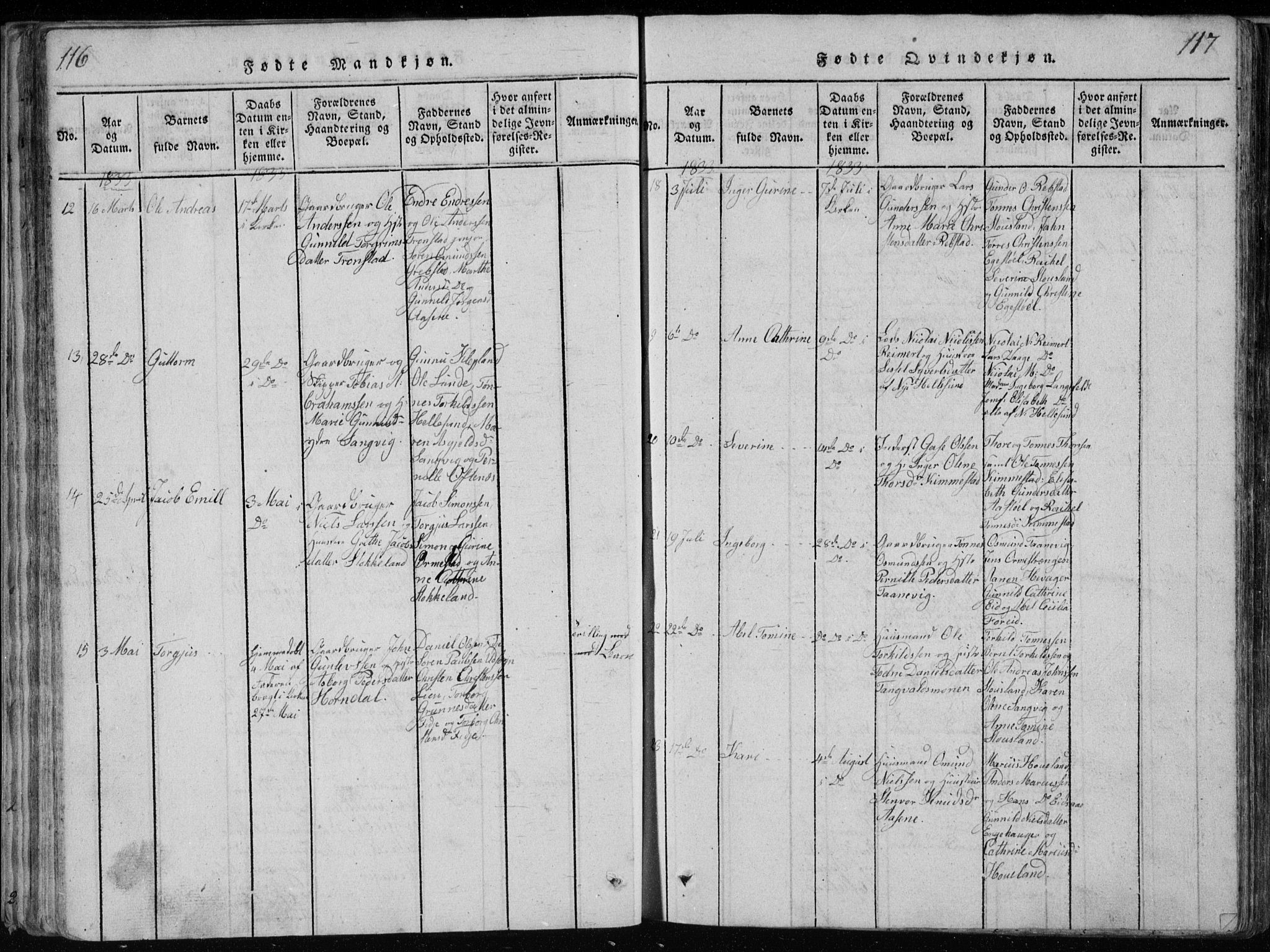 Søgne sokneprestkontor, SAK/1111-0037/F/Fb/Fbb/L0002: Parish register (copy) no. B 2, 1821-1838, p. 116-117