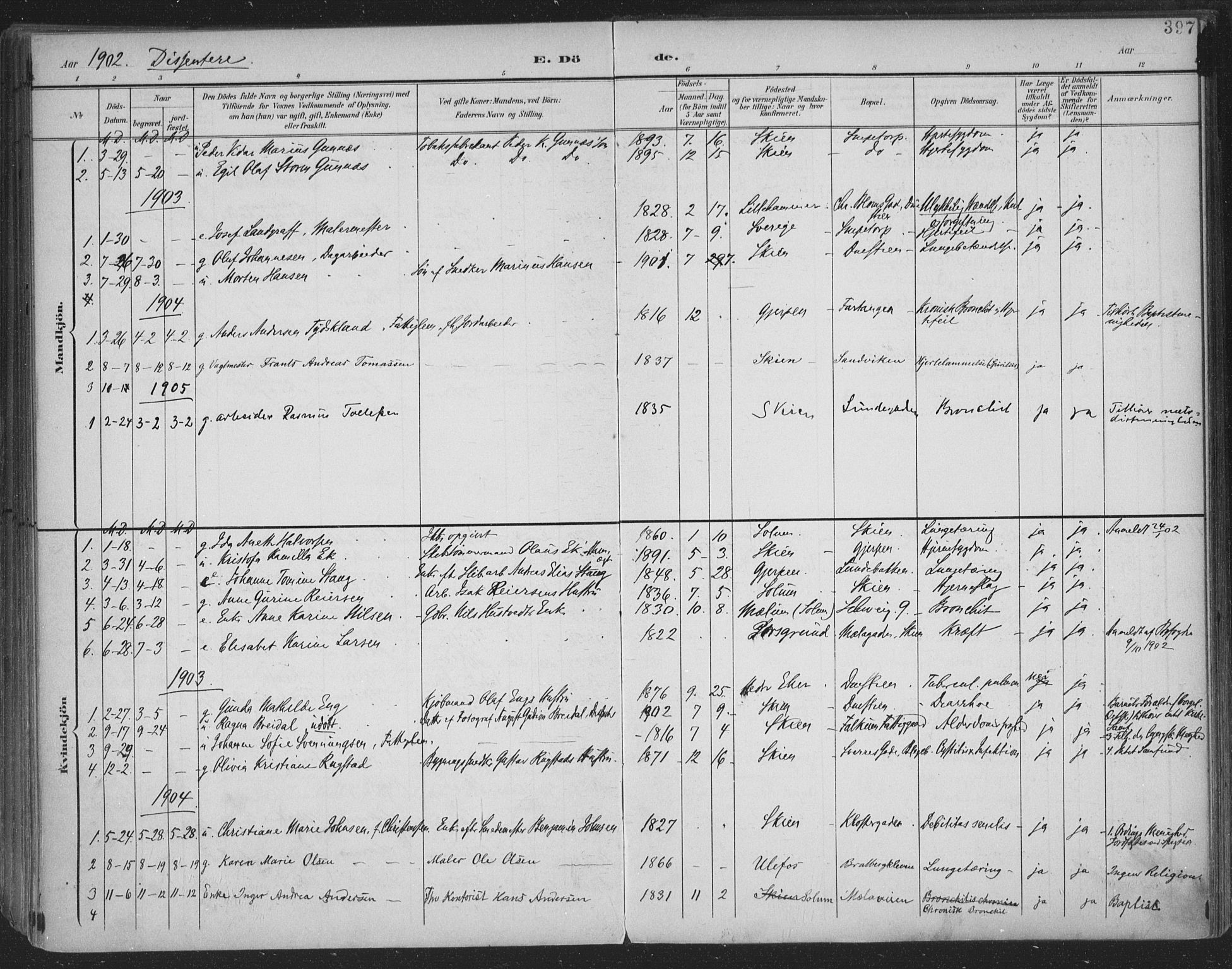 Skien kirkebøker, SAKO/A-302/F/Fa/L0011: Parish register (official) no. 11, 1900-1907, p. 397