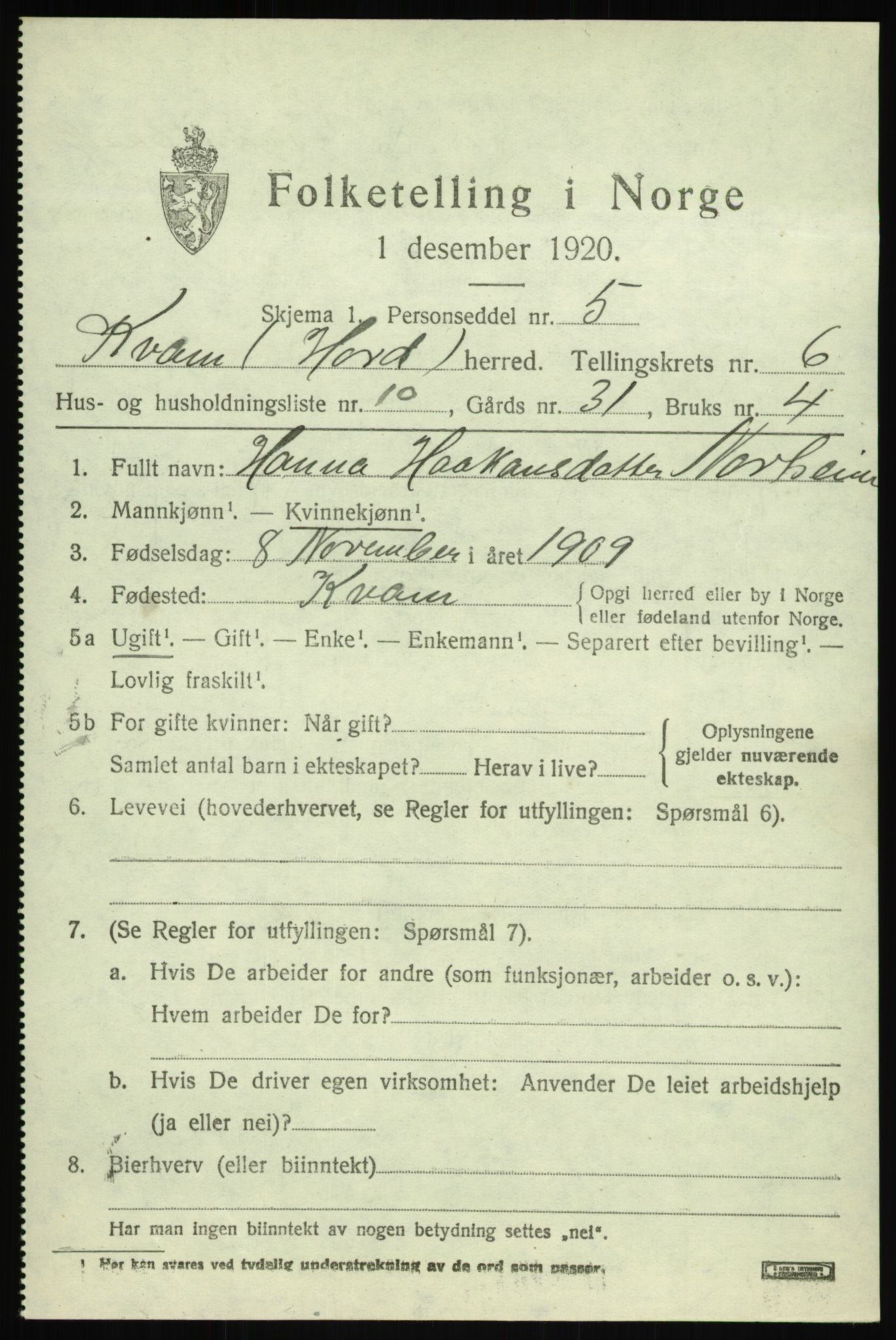 SAB, 1920 census for Kvam, 1920, p. 4519