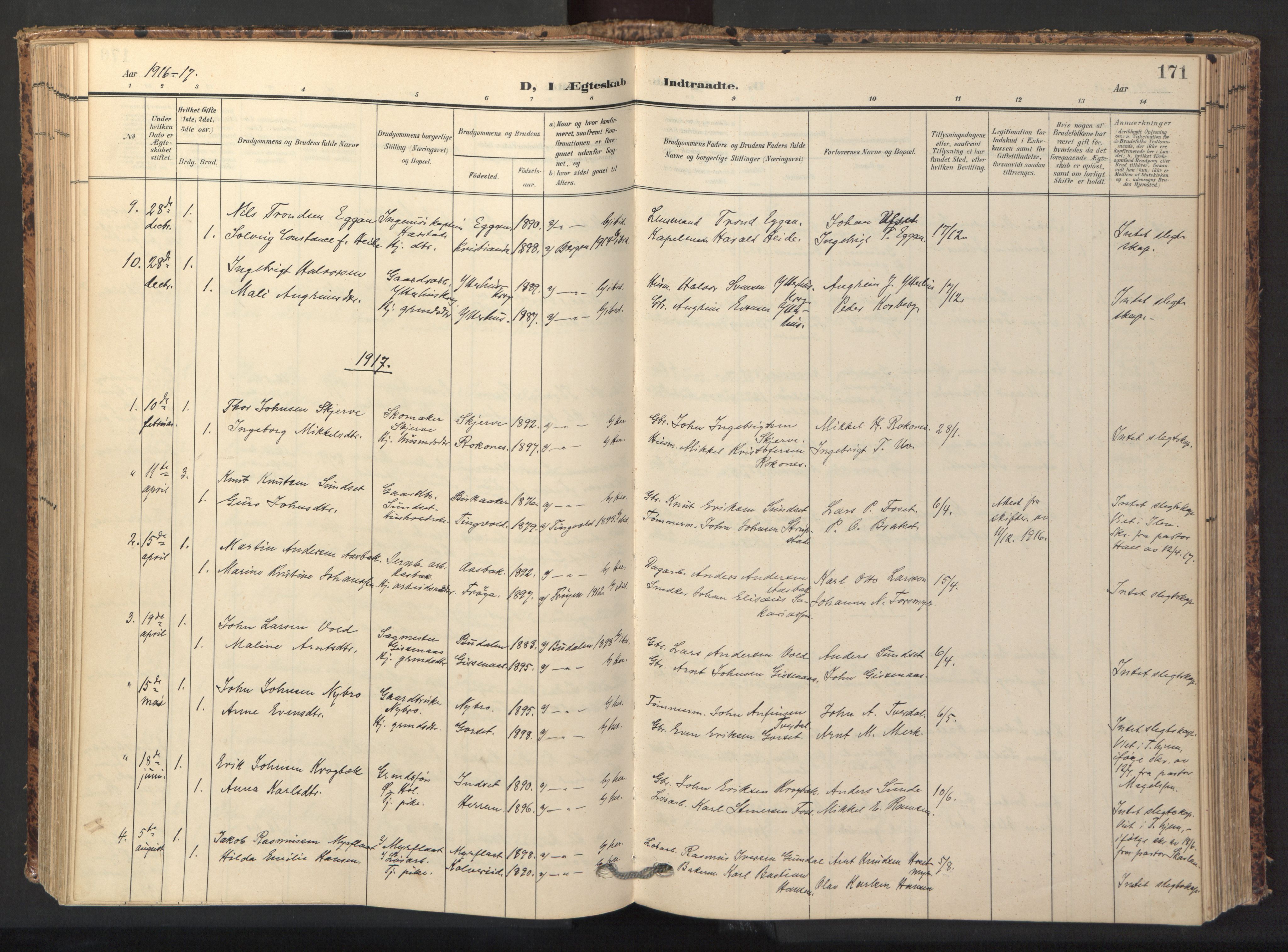 Ministerialprotokoller, klokkerbøker og fødselsregistre - Sør-Trøndelag, SAT/A-1456/674/L0873: Parish register (official) no. 674A05, 1908-1923, p. 171