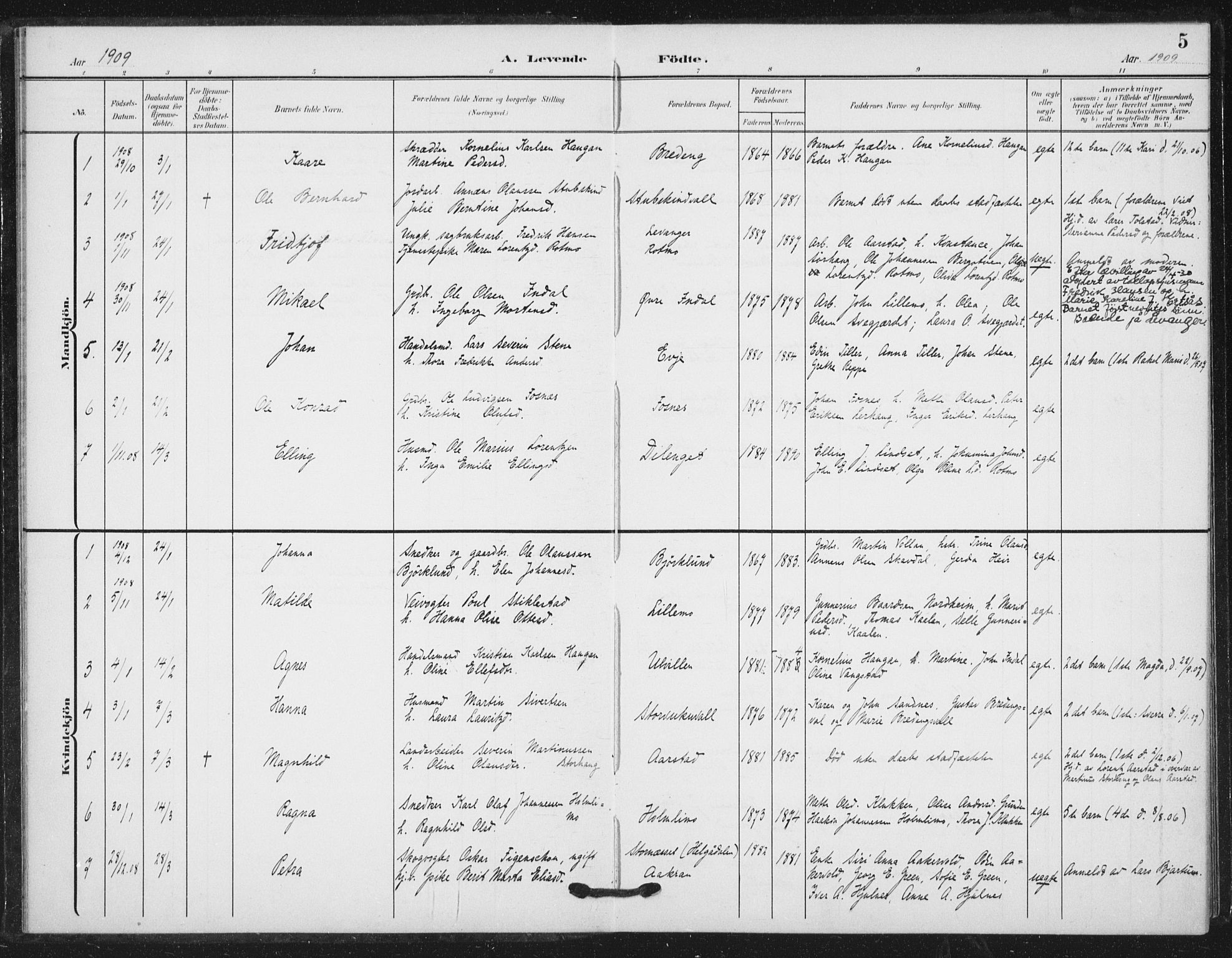 Ministerialprotokoller, klokkerbøker og fødselsregistre - Nord-Trøndelag, SAT/A-1458/724/L0264: Parish register (official) no. 724A02, 1908-1915, p. 5