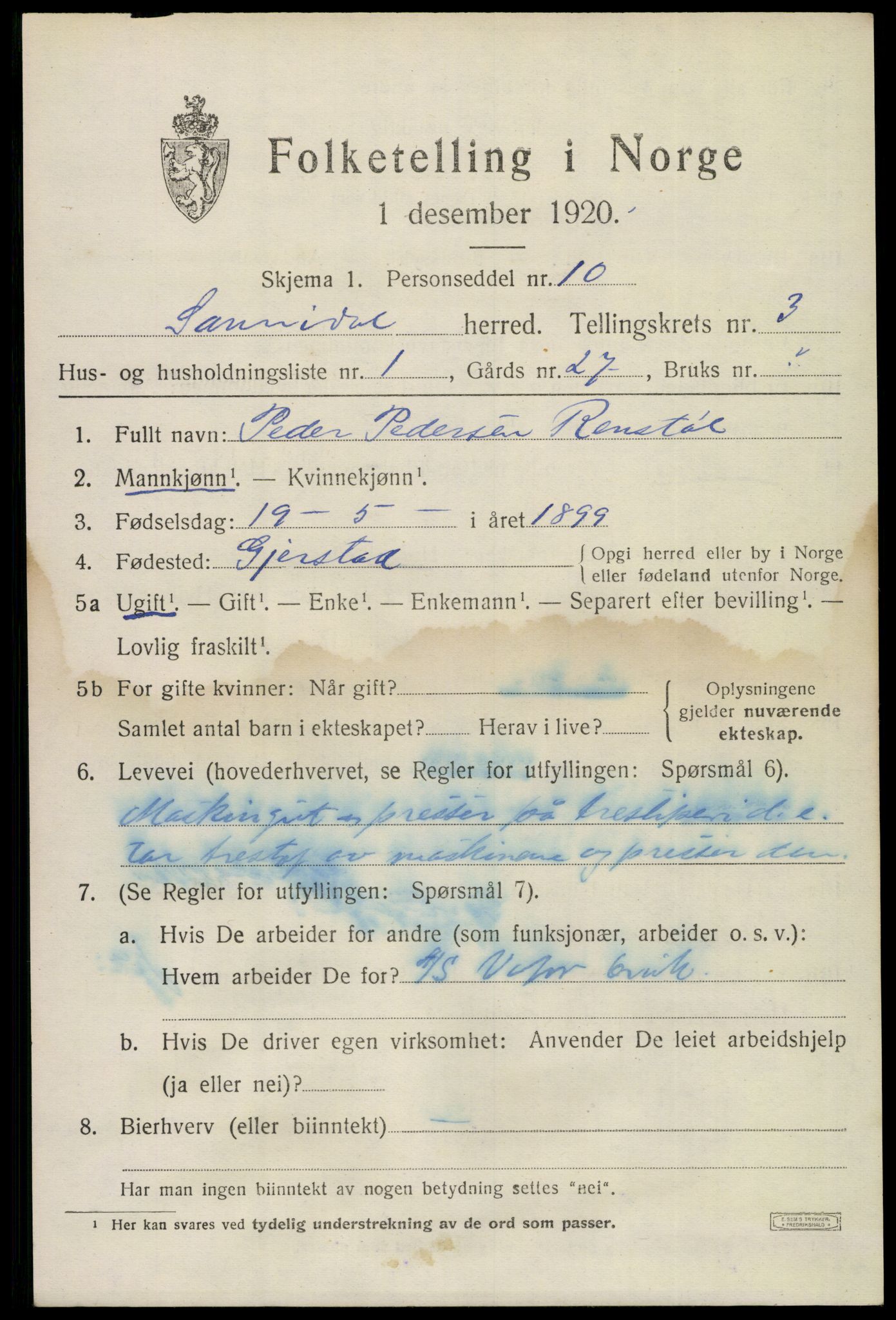 SAKO, 1920 census for Sannidal, 1920, p. 2187