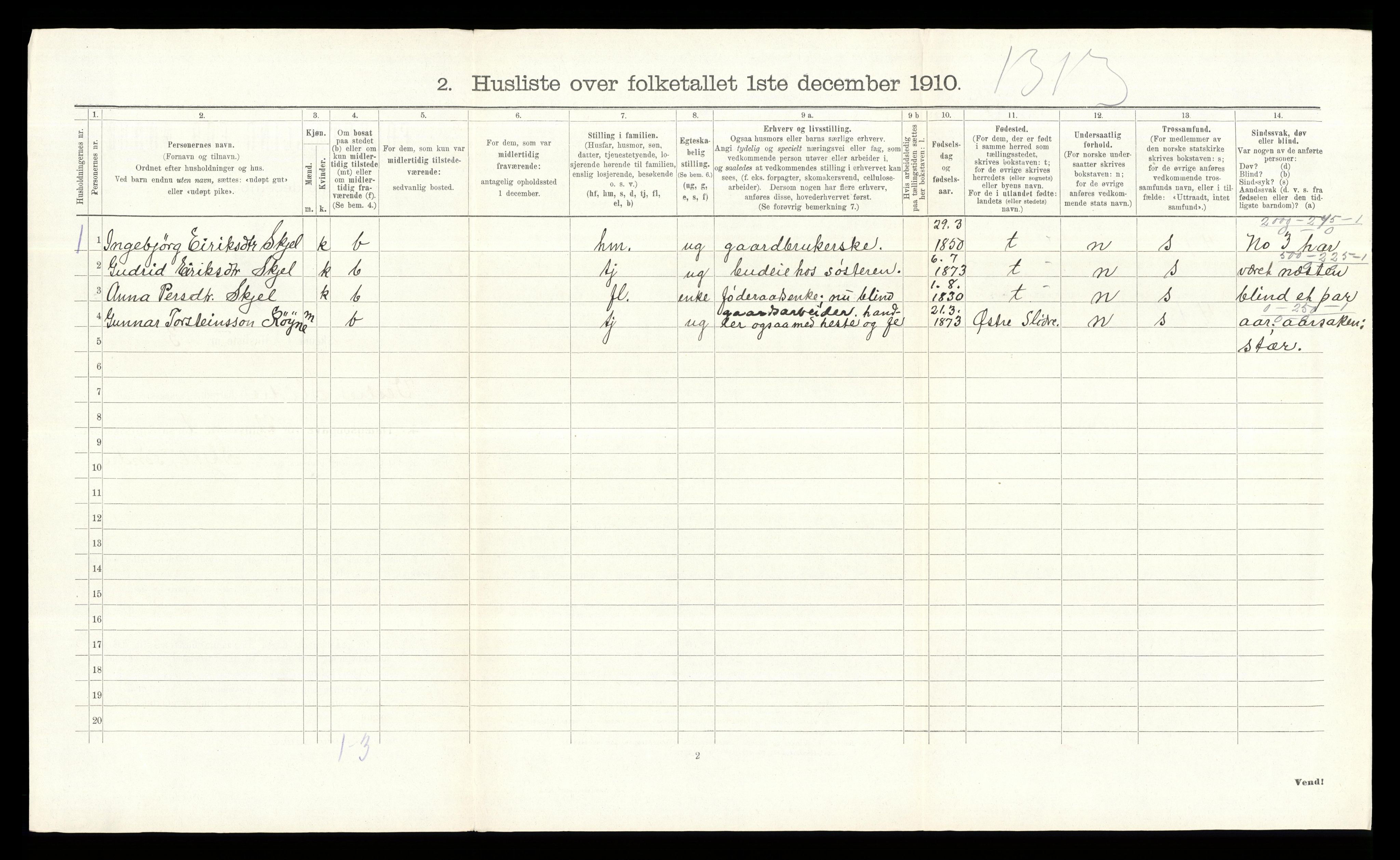 RA, 1910 census for Vestre Slidre, 1910, p. 158