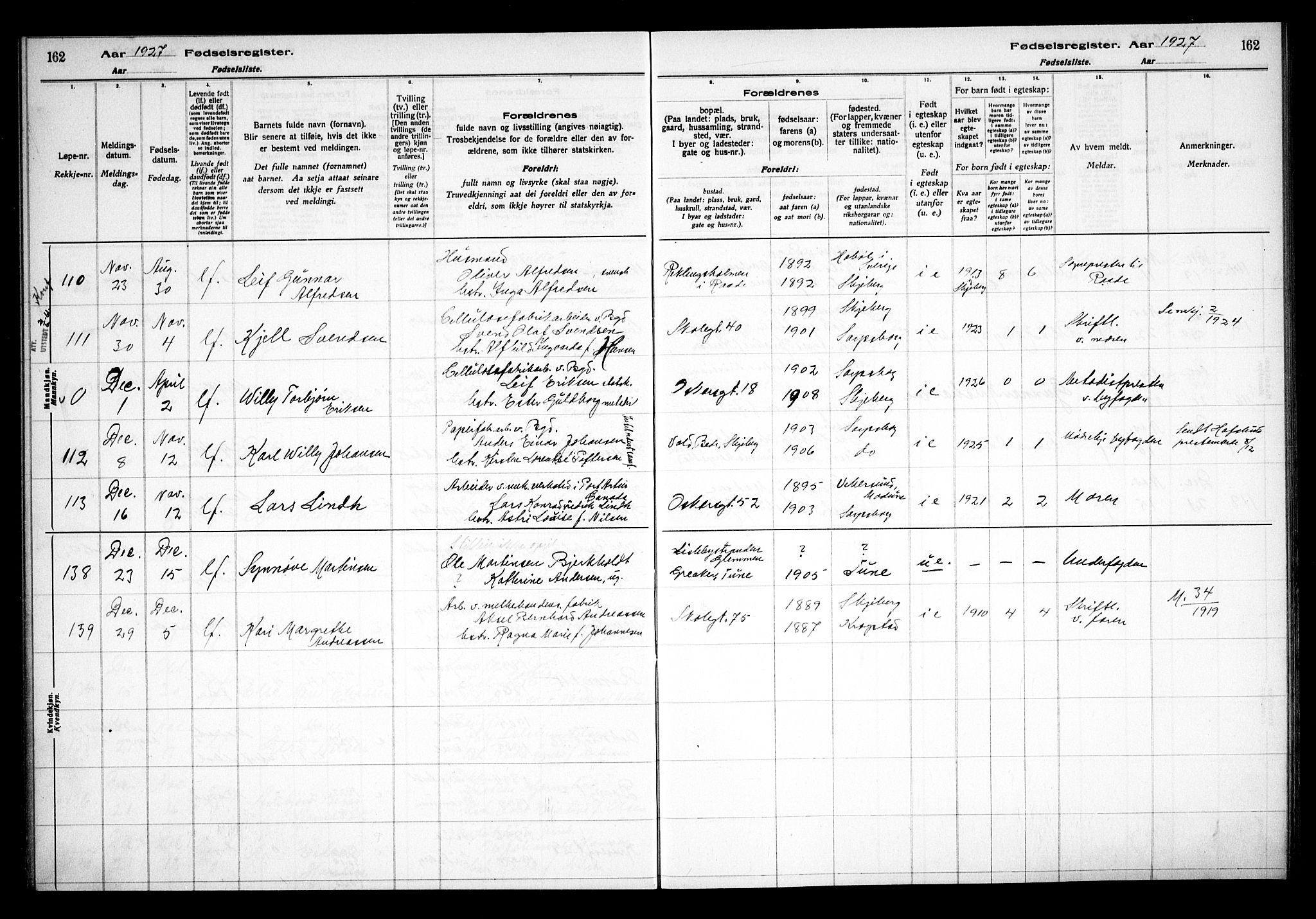 Sarpsborg prestekontor Kirkebøker, AV/SAO-A-2006/J/Ja/L0002: Birth register no. 2, 1922-1928, p. 162