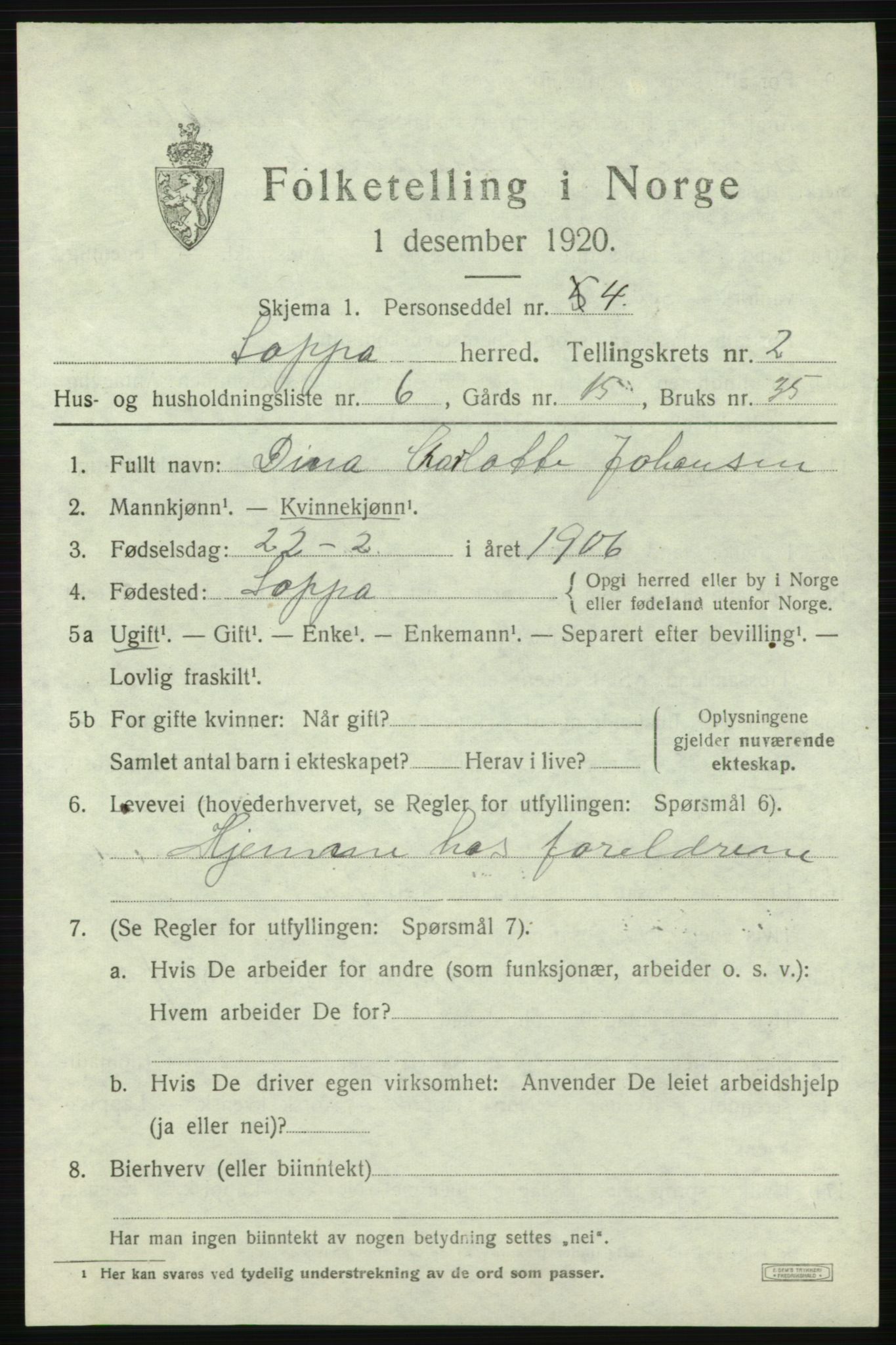 SATØ, 1920 census for Loppa, 1920, p. 876