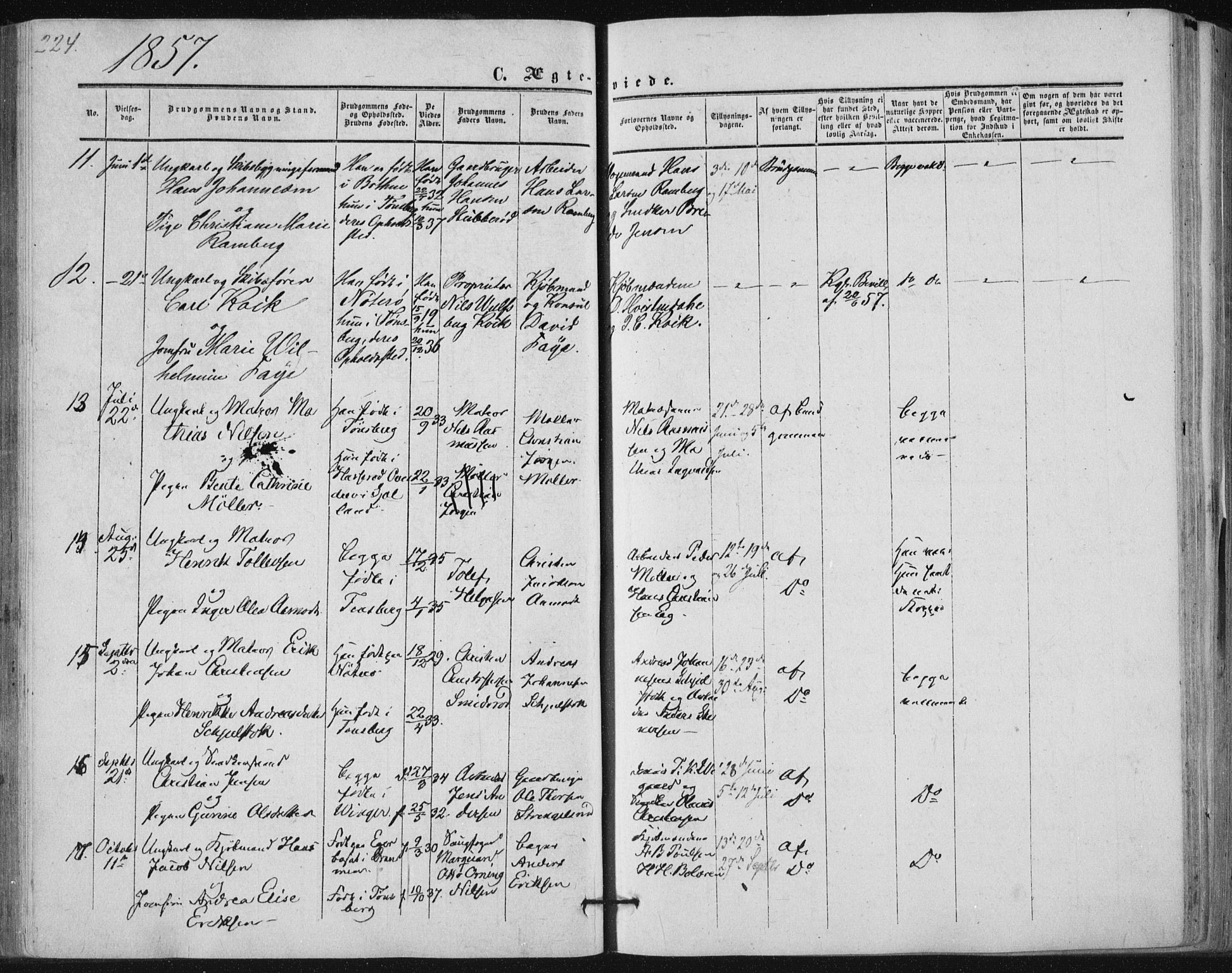 Tønsberg kirkebøker, AV/SAKO-A-330/F/Fa/L0008: Parish register (official) no. I 8, 1855-1864, p. 224