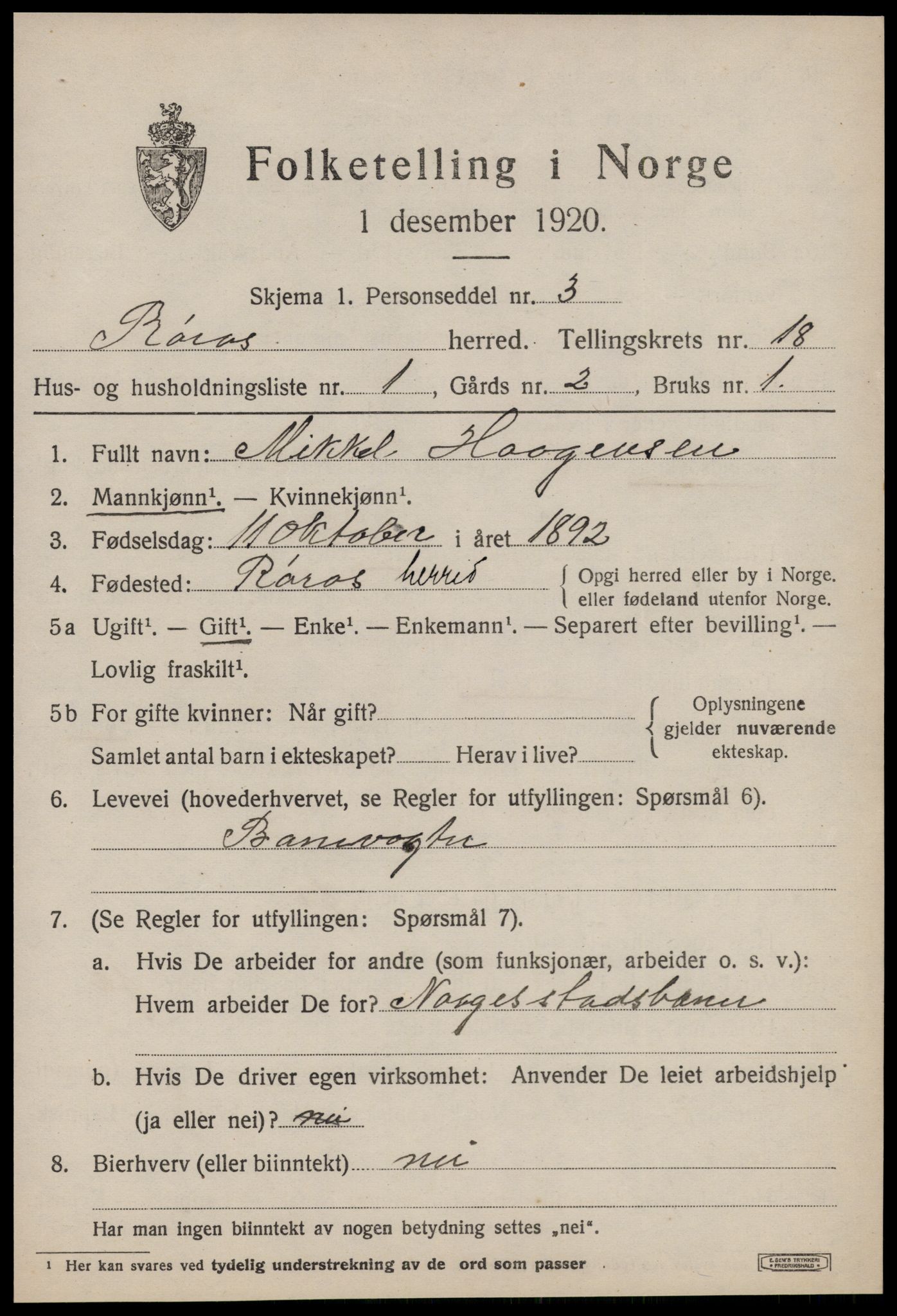 SAT, 1920 census for Røros, 1920, p. 12248