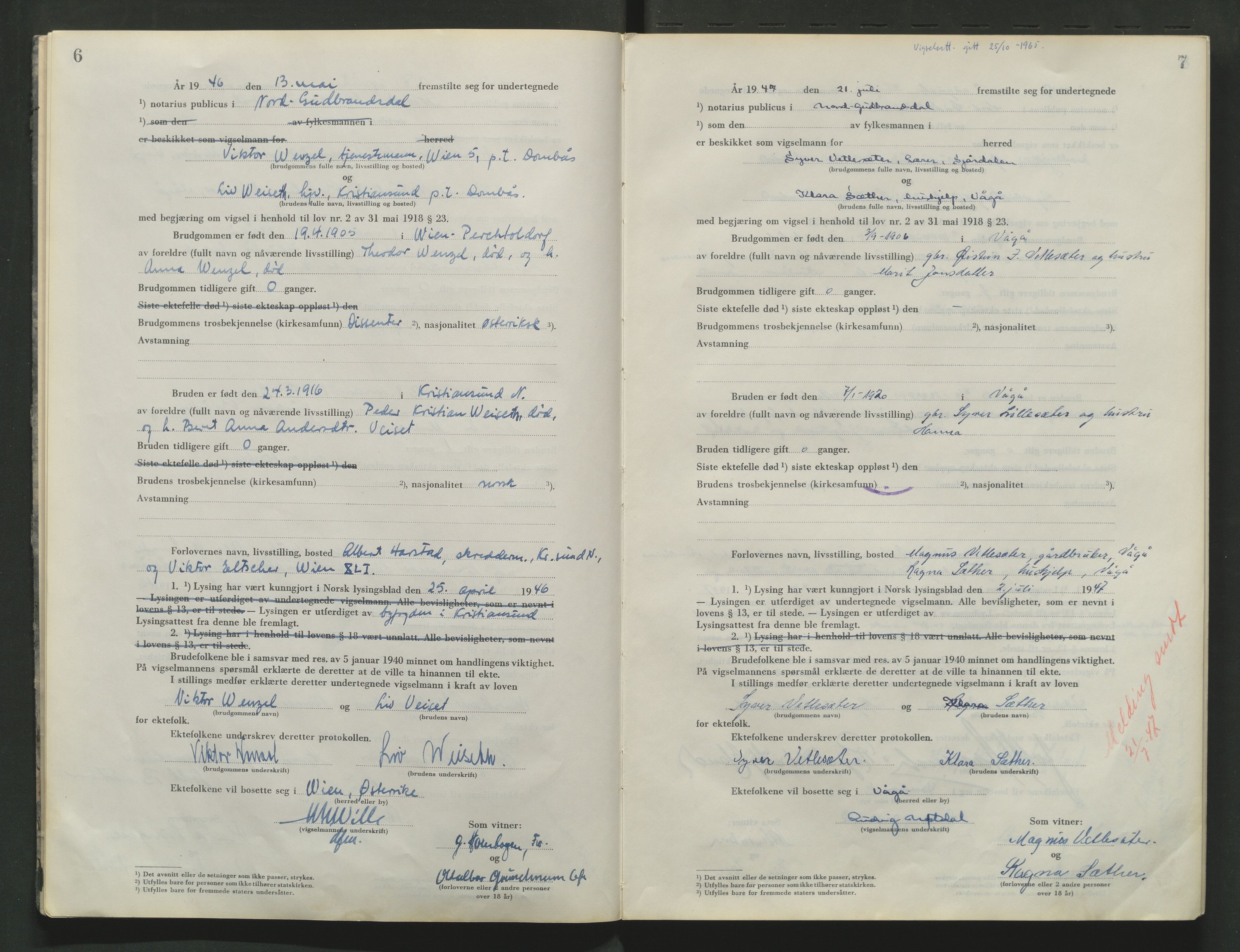 Nord-Gudbrandsdal tingrett, AV/SAH-TING-002/L/Lc/L0001/0004: Vigselsprotokoller / Vigselsprotokoll, 1945-1970, p. 6-7