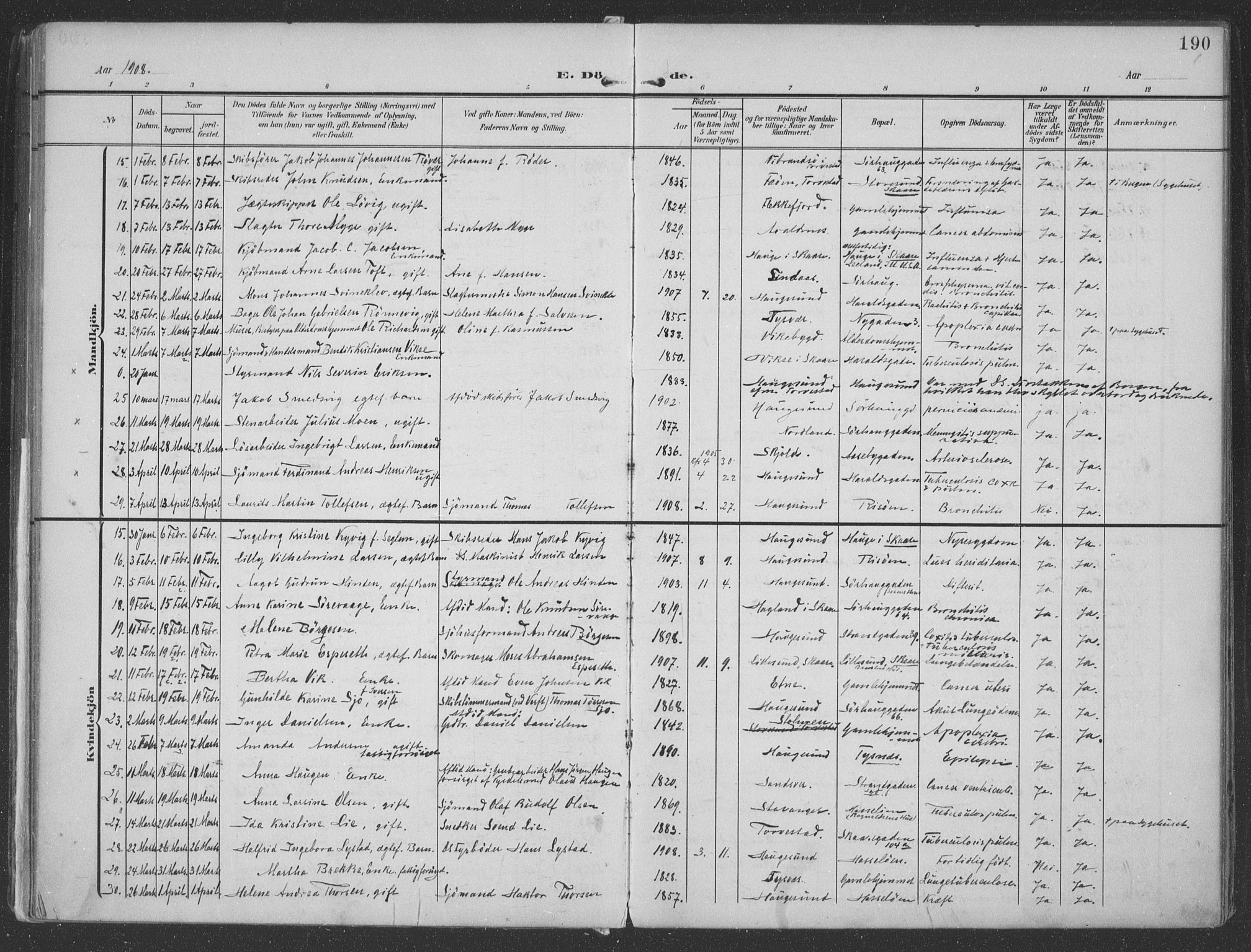 Haugesund sokneprestkontor, AV/SAST-A -101863/H/Ha/Haa/L0007: Parish register (official) no. A 7, 1904-1916, p. 190