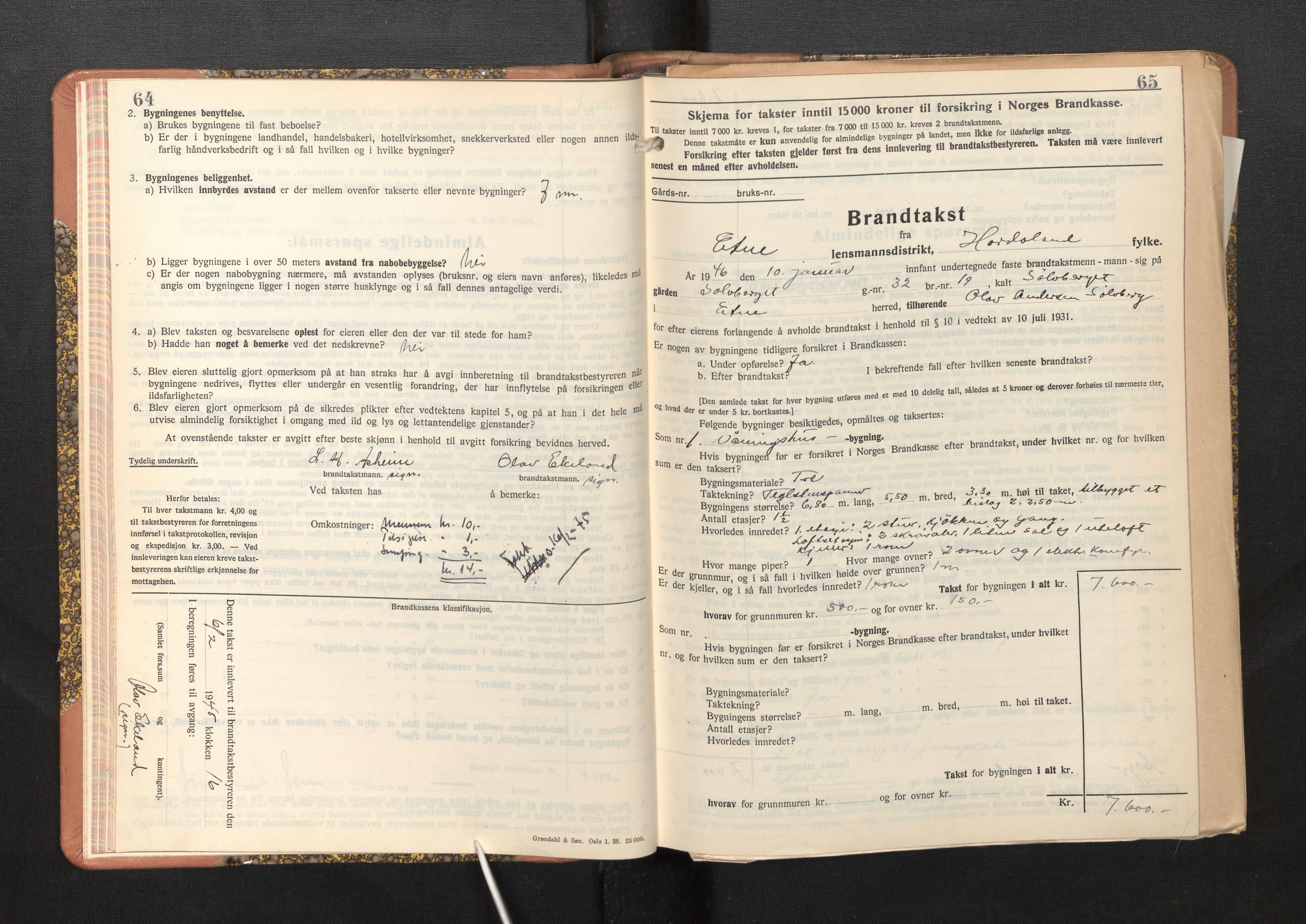 Lensmannen i Etne, AV/SAB-A-31601/0012/L0002: Branntakstprotokoll, skjematakst, 1939-1948, p. 64-65