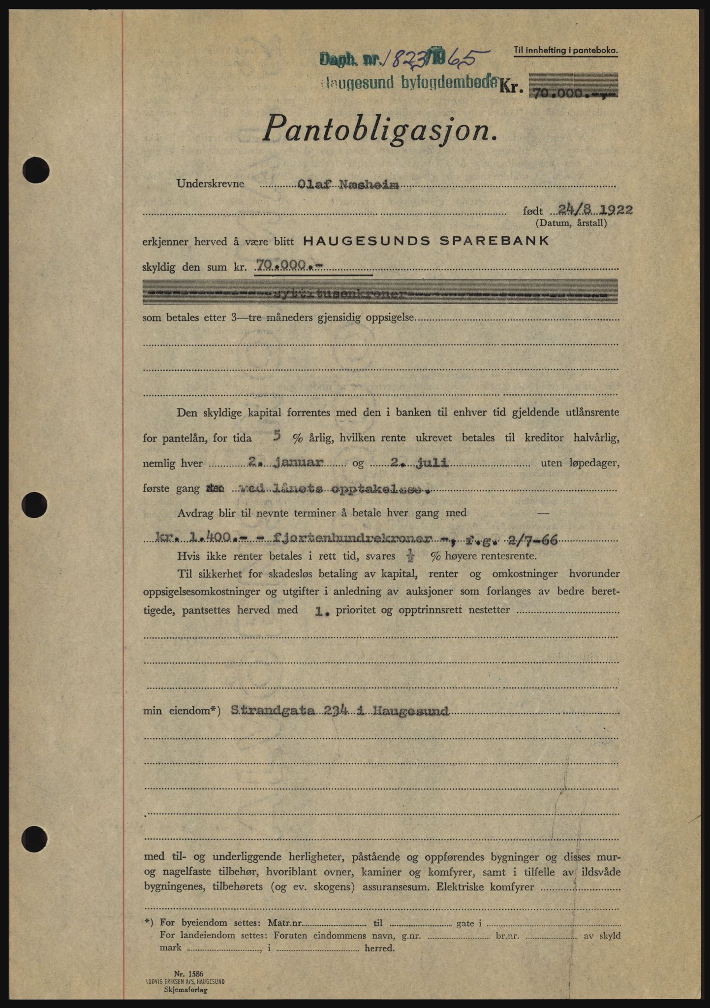 Haugesund tingrett, SAST/A-101415/01/II/IIC/L0053: Mortgage book no. B 53, 1965-1965, Diary no: : 1823/1965