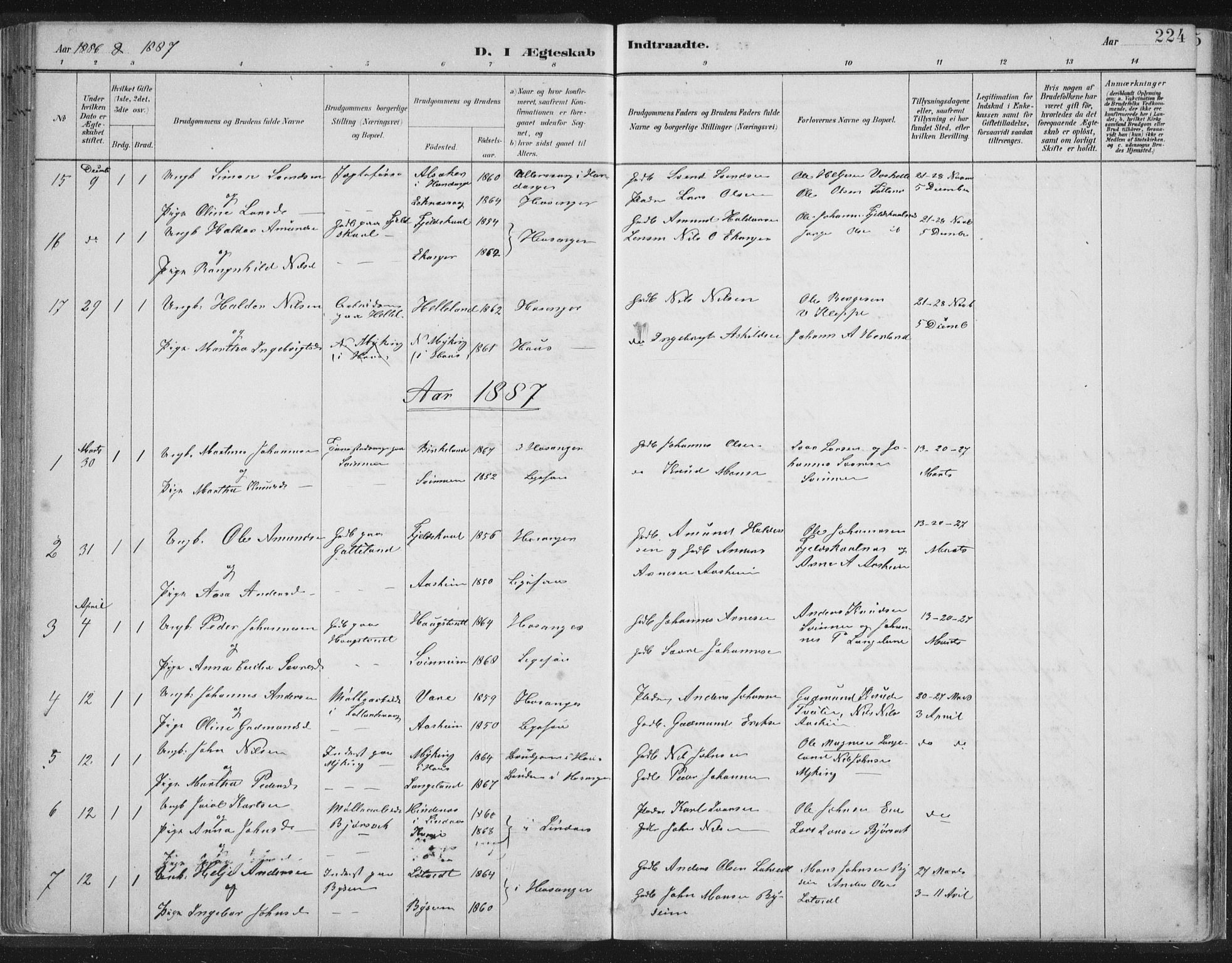 Hosanger sokneprestembete, AV/SAB-A-75801/H/Hab: Parish register (copy) no. A 3 II, 1882-1903, p. 224